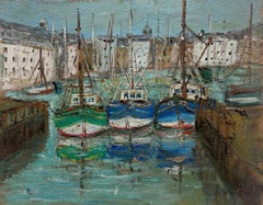 French Impressionist Charming Harbour Scene with Colourful Boats Oil Painting