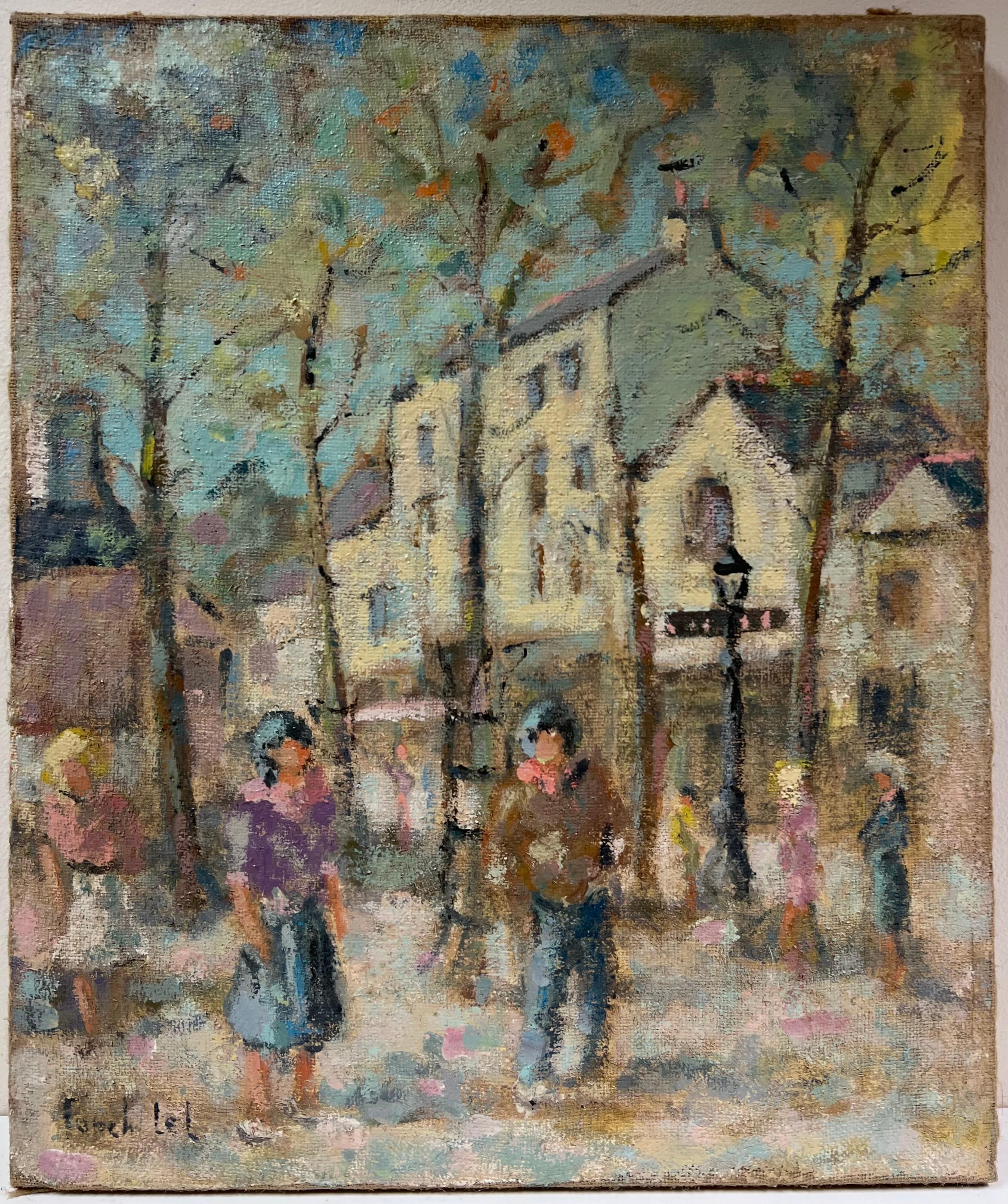 Impressionista francese: incantevole scena di villaggio con figure a passeggio - Painting di Fanch Lel