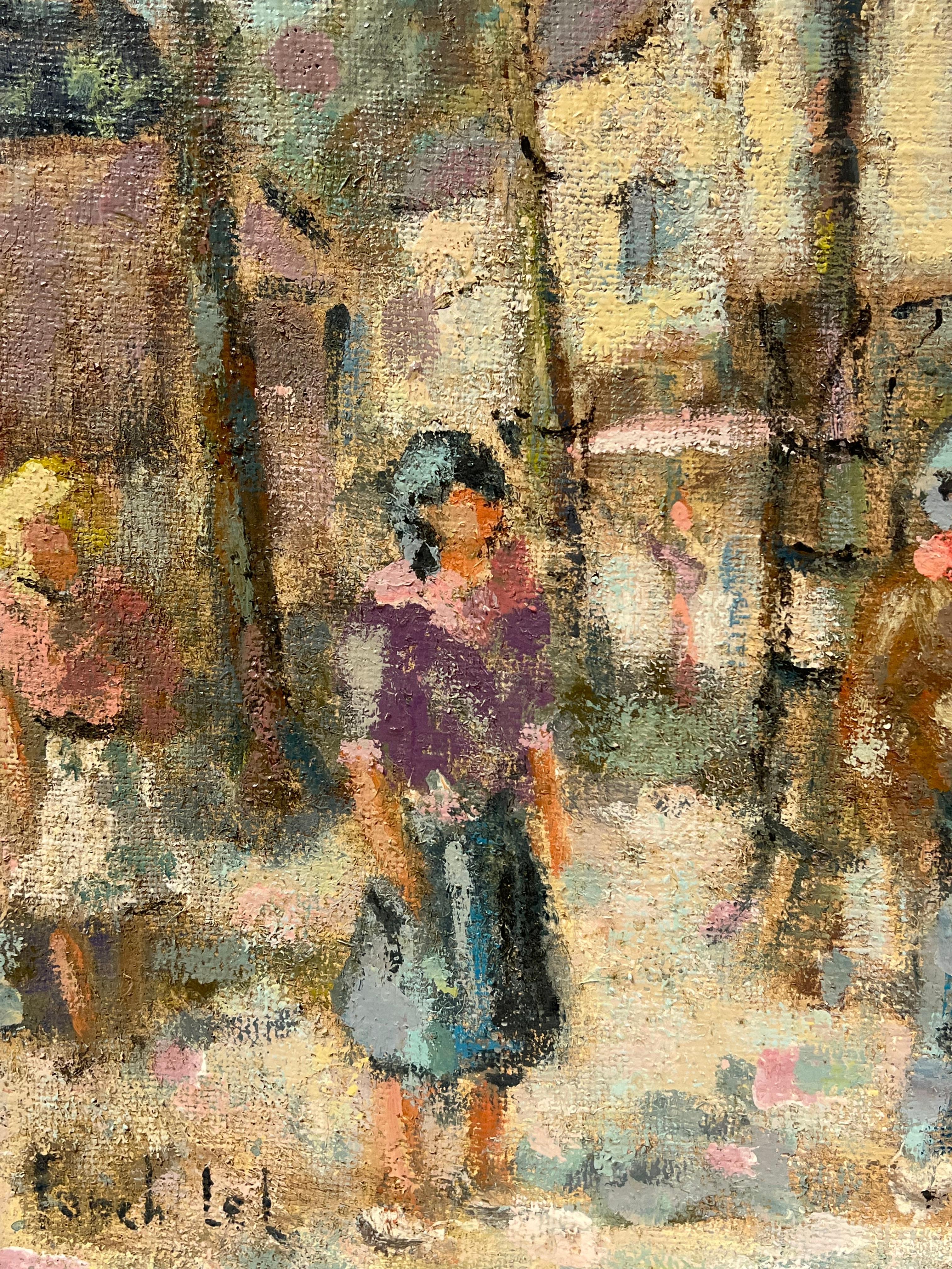 Impressionista francese: incantevole scena di villaggio con figure a passeggio - Figurative Painting Grigio di Fanch Lel