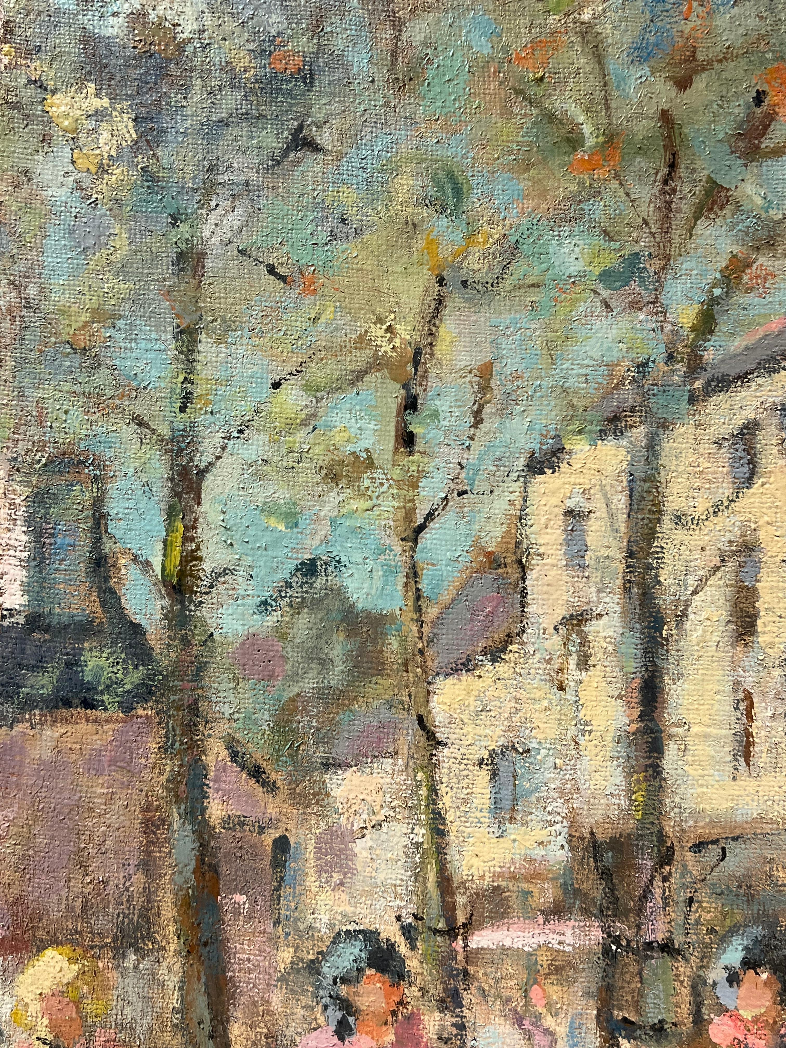 Impressionista francese: incantevole scena di villaggio con figure a passeggio in vendita 1