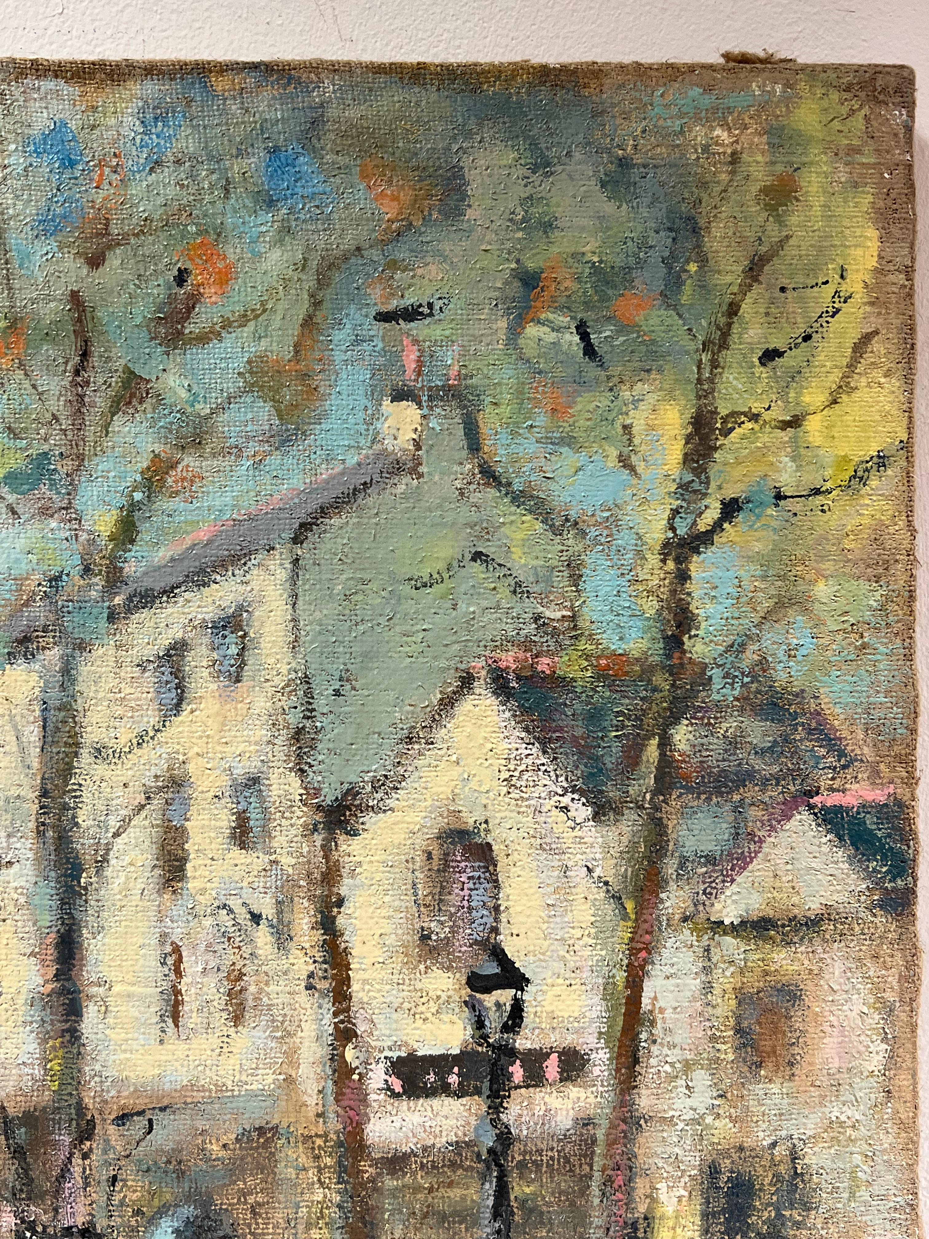 Impressionista francese: incantevole scena di villaggio con figure a passeggio in vendita 2