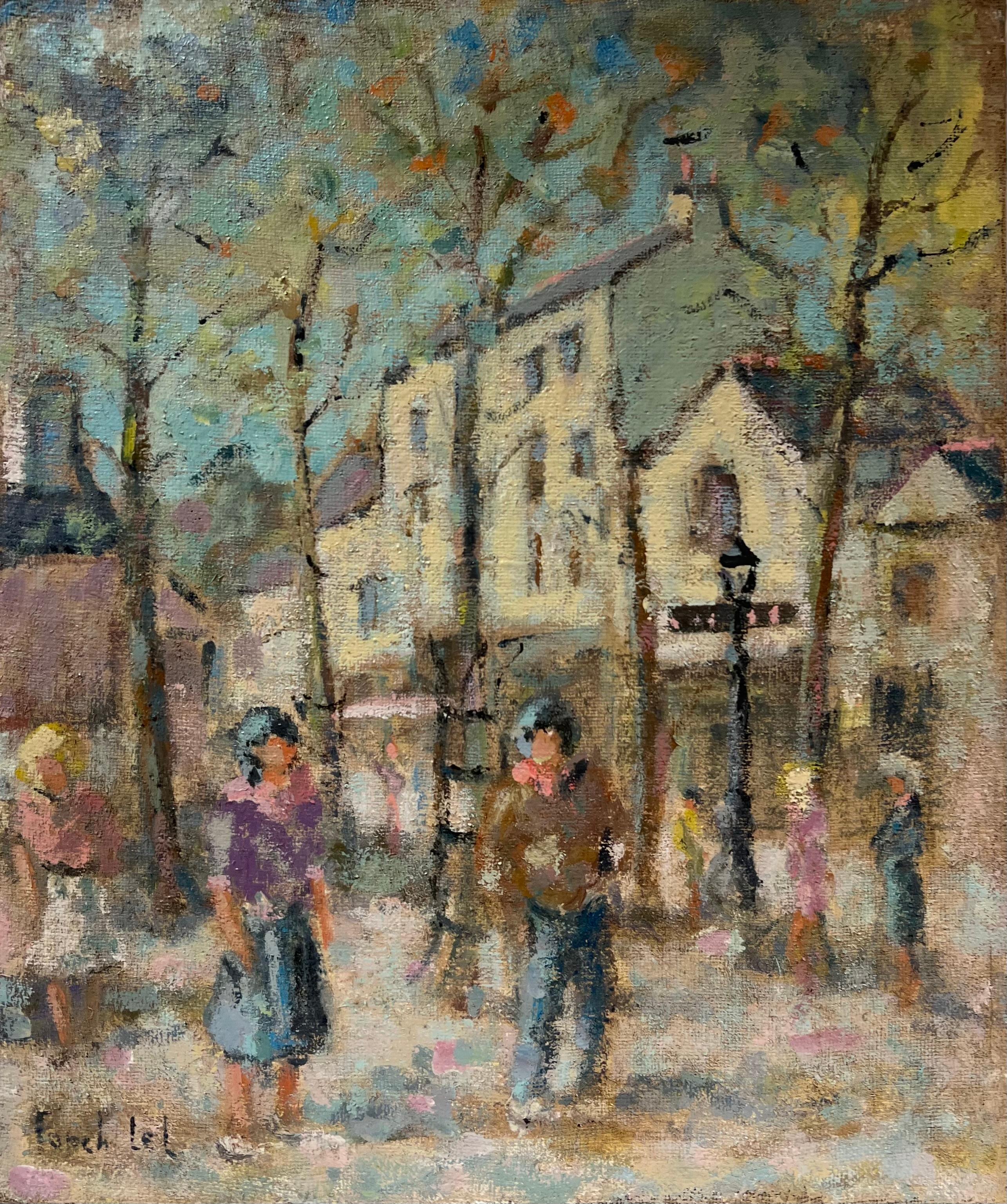 Figurative Painting di Fanch Lel - Impressionista francese: incantevole scena di villaggio con figure a passeggio