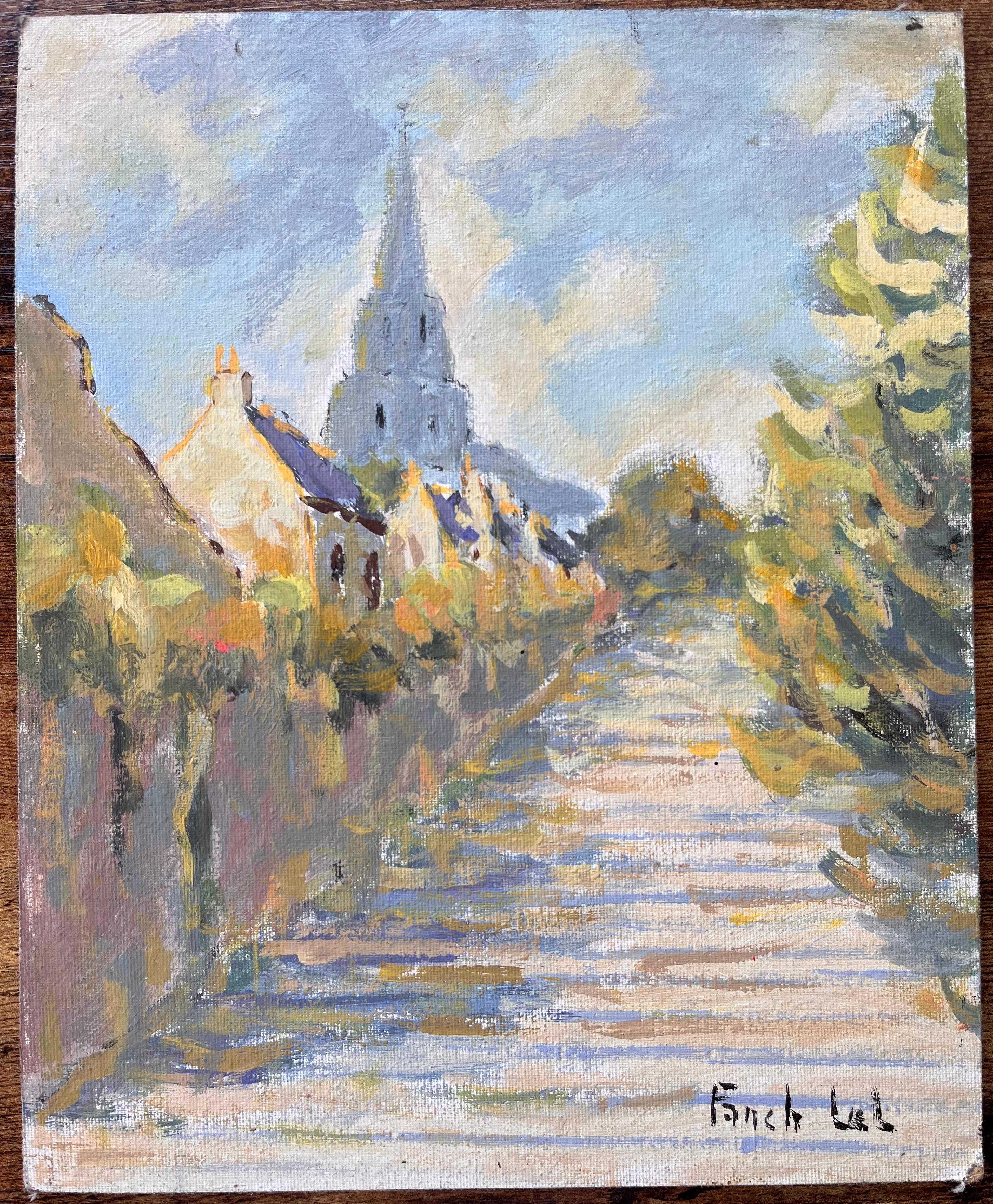 Französischer Impressionismus Kirchturmansicht in Lannion in Côtes-d'Armor Bretagne – Painting von Fanch Lel