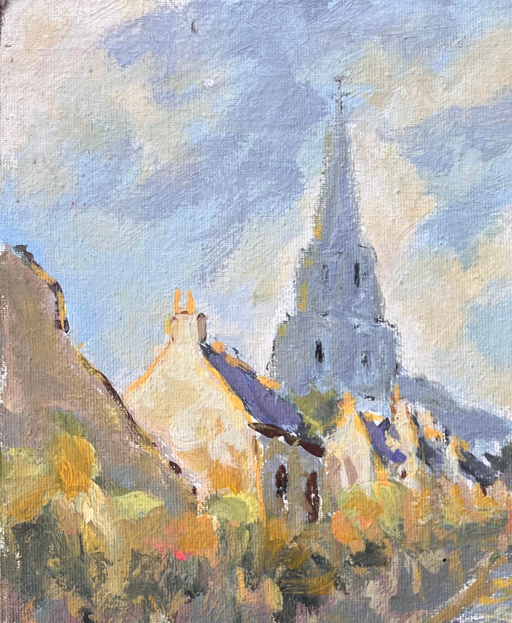Französischer Impressionismus Kirchturmansicht in Lannion in Côtes-d'Armor Bretagne (Grau), Landscape Painting, von Fanch Lel