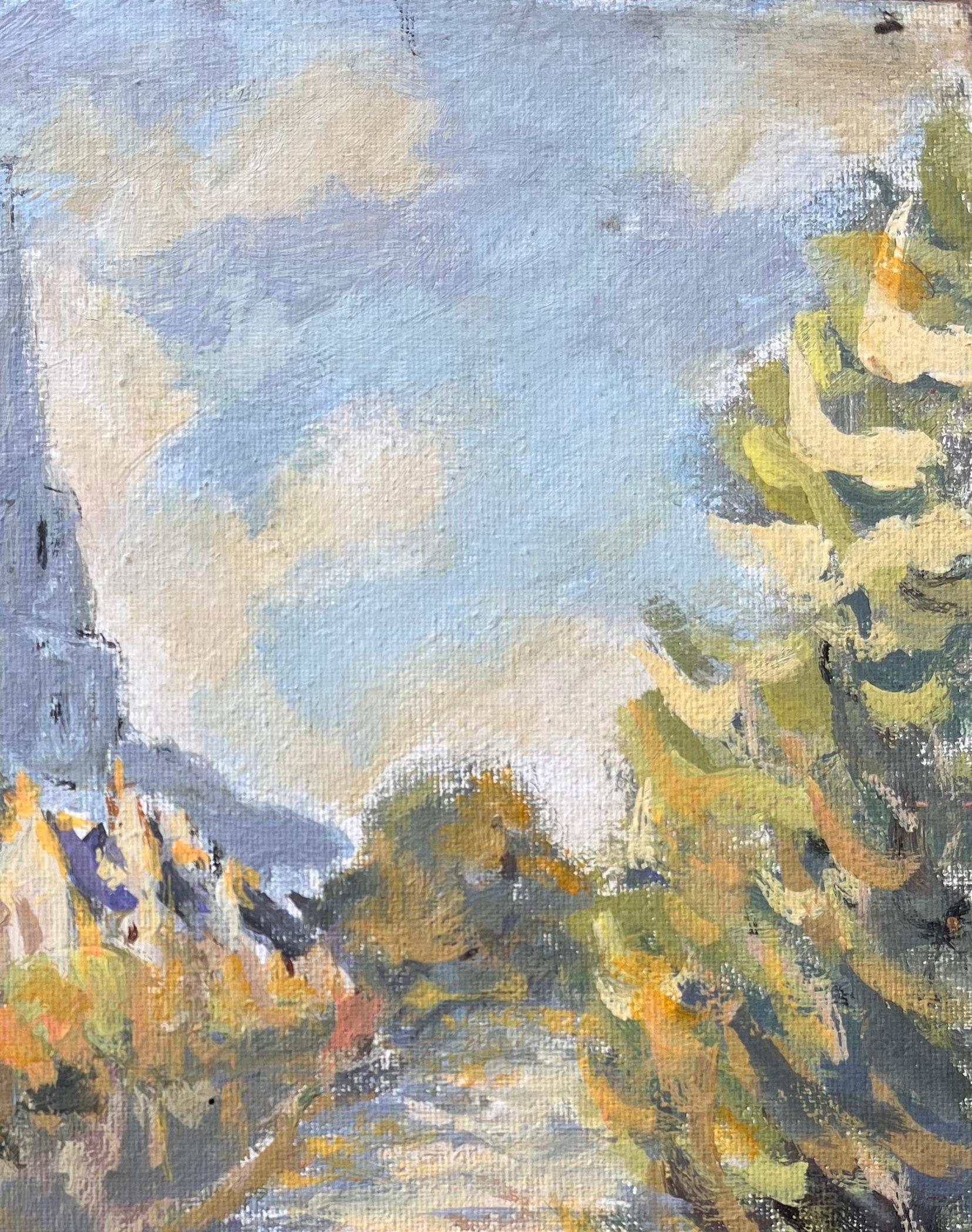 Titel: Französischer Impressionismus Kirchturmansicht in Lannion in Côtes-d'Armor in der Bretagne
von Fanch Lel
Unterschrieben: Ja
Größe: 10,75 Zoll (Höhe) x 8,75 Zoll (Breite)
Medium: Öl auf Karton, ungerahmt
Zustand: Das Gemälde ist in gutem