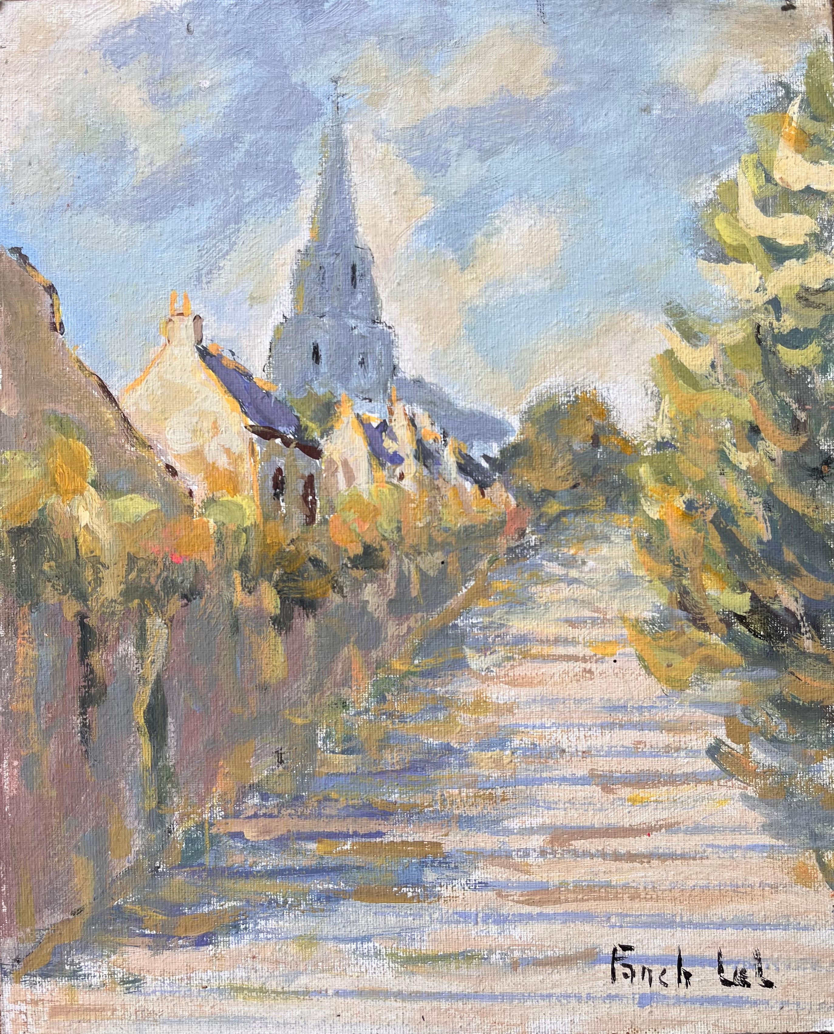 Fanch Lel Landscape Painting – Französischer Impressionismus Kirchturmansicht in Lannion in Côtes-d'Armor Bretagne