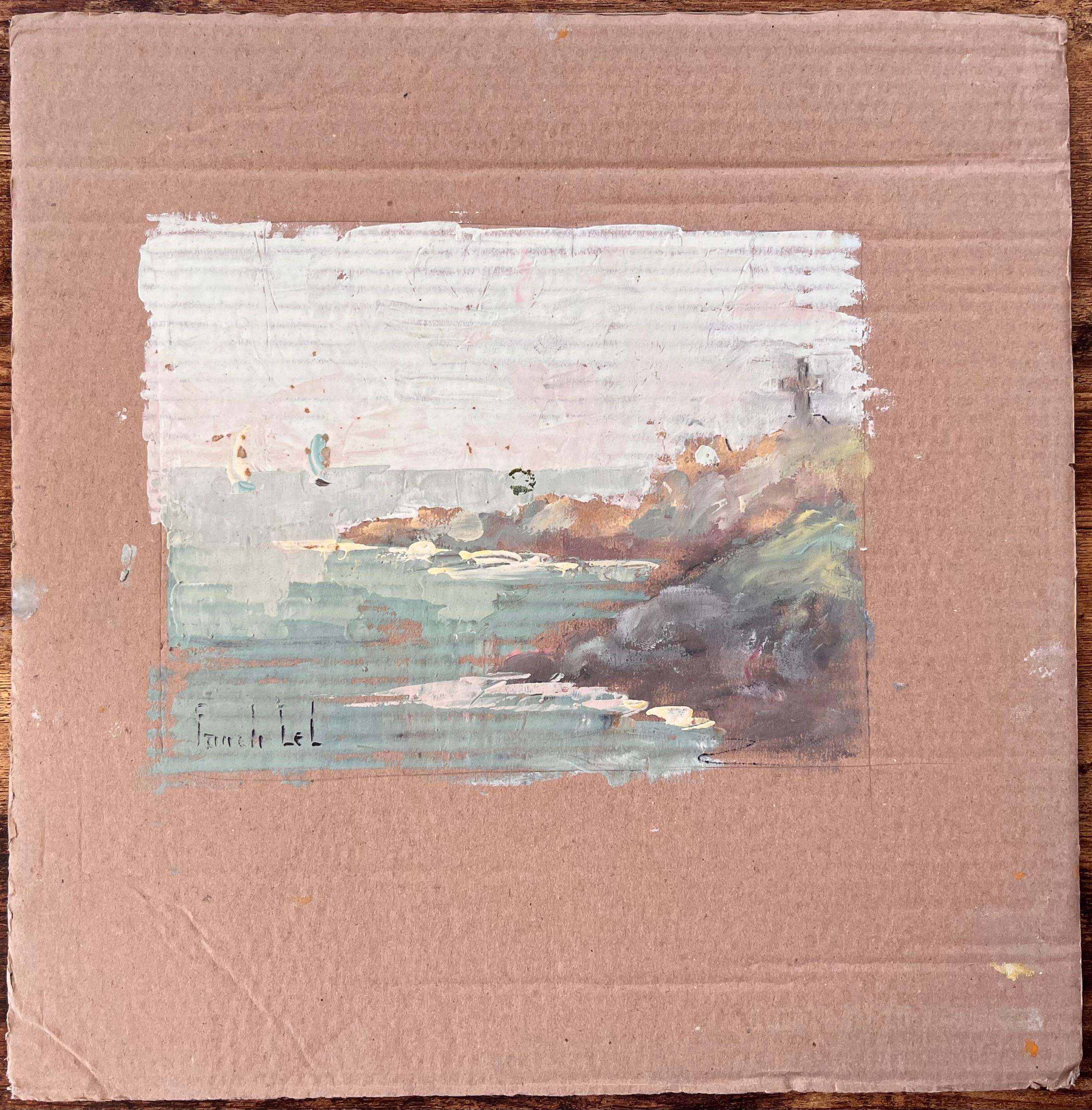 Französische impressionistische Küsten Cliff and Sailboats-Szene mit Kreuz-Denkmal, Französisch – Painting von Fanch Lel