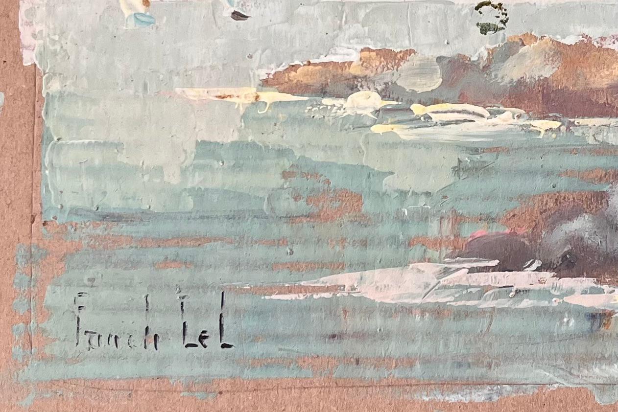 Titel: Französischer Impressionismus Küstenklippen- und Segelbootszene mit Kreuzmonument
Von Fanch Lel
Unterschrieben: Ja
Größe: 15 x 14,75 Zoll (Höhe x Breite)
Ölgemälde auf Karton, ungerahmt
Zustand: Insgesamt guter Zustand mit leichten