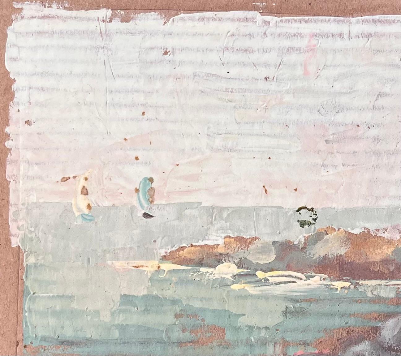 Französische impressionistische Küsten Cliff and Sailboats-Szene mit Kreuz-Denkmal, Französisch im Angebot 1