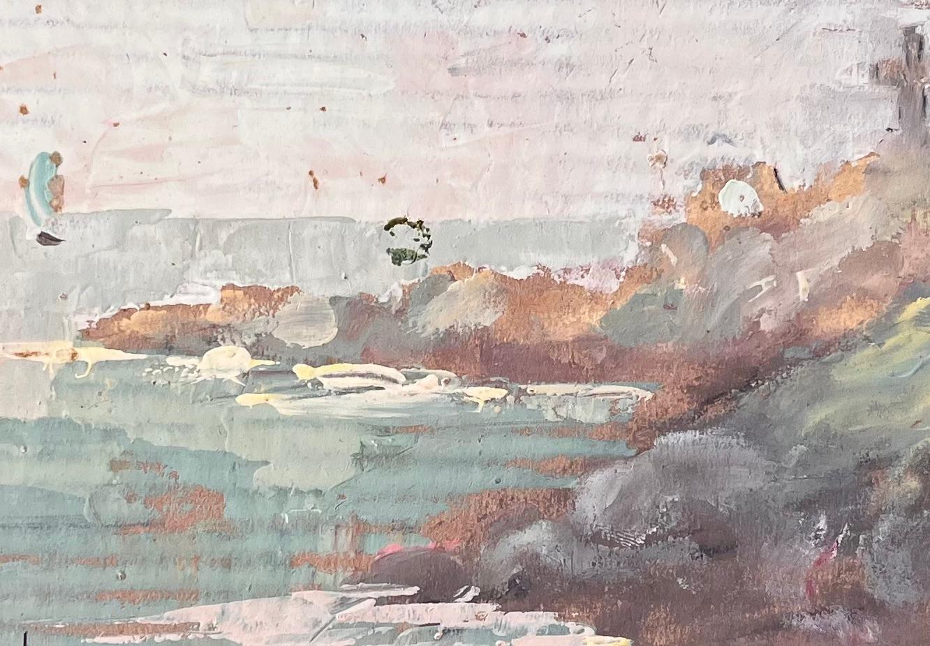 Französische impressionistische Küsten Cliff and Sailboats-Szene mit Kreuz-Denkmal, Französisch im Angebot 2
