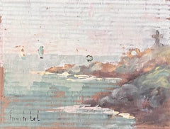 French Impressionist Coastal Cliff and Sailboats Scene with Cross Monument