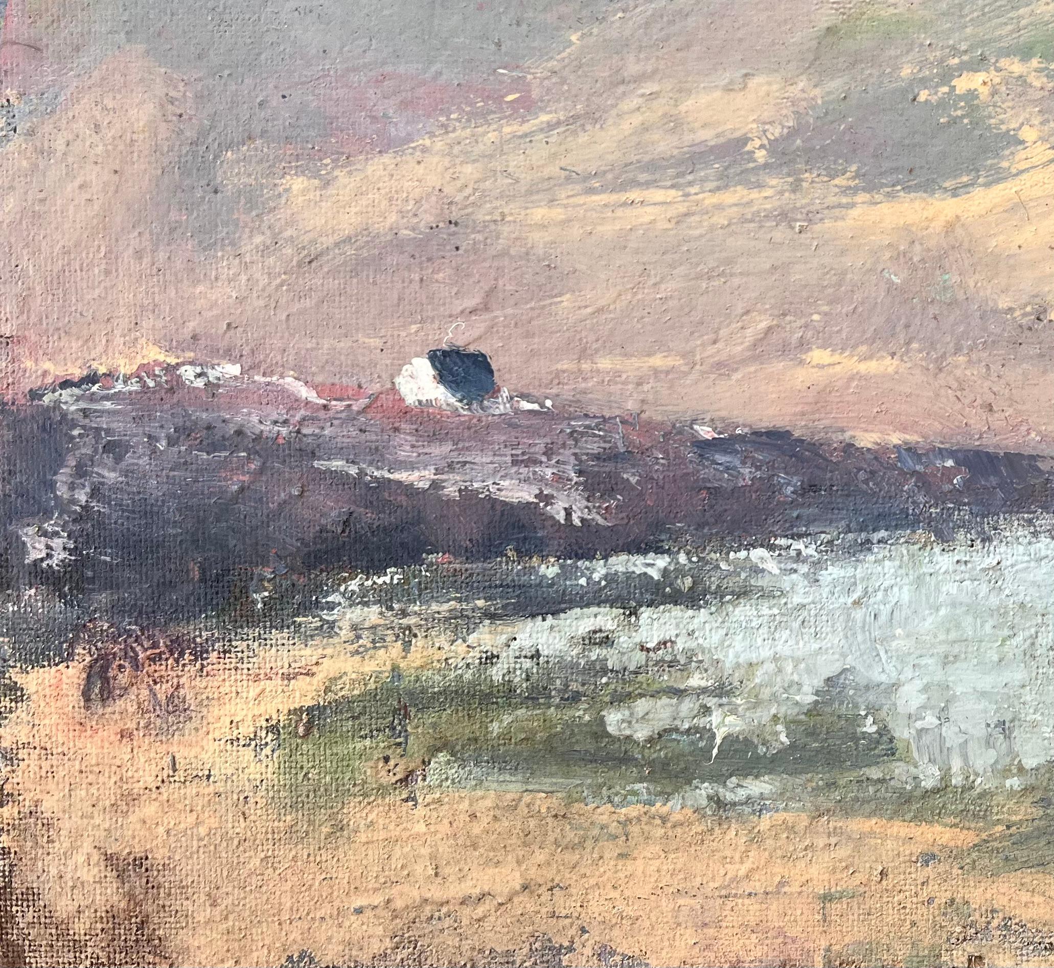 Französische impressionistische Küstenlandschaft des Impressionismus mit Clifftop-Häuschen und Abendhimmel (Grau), Abstract Painting, von Fanch Lel