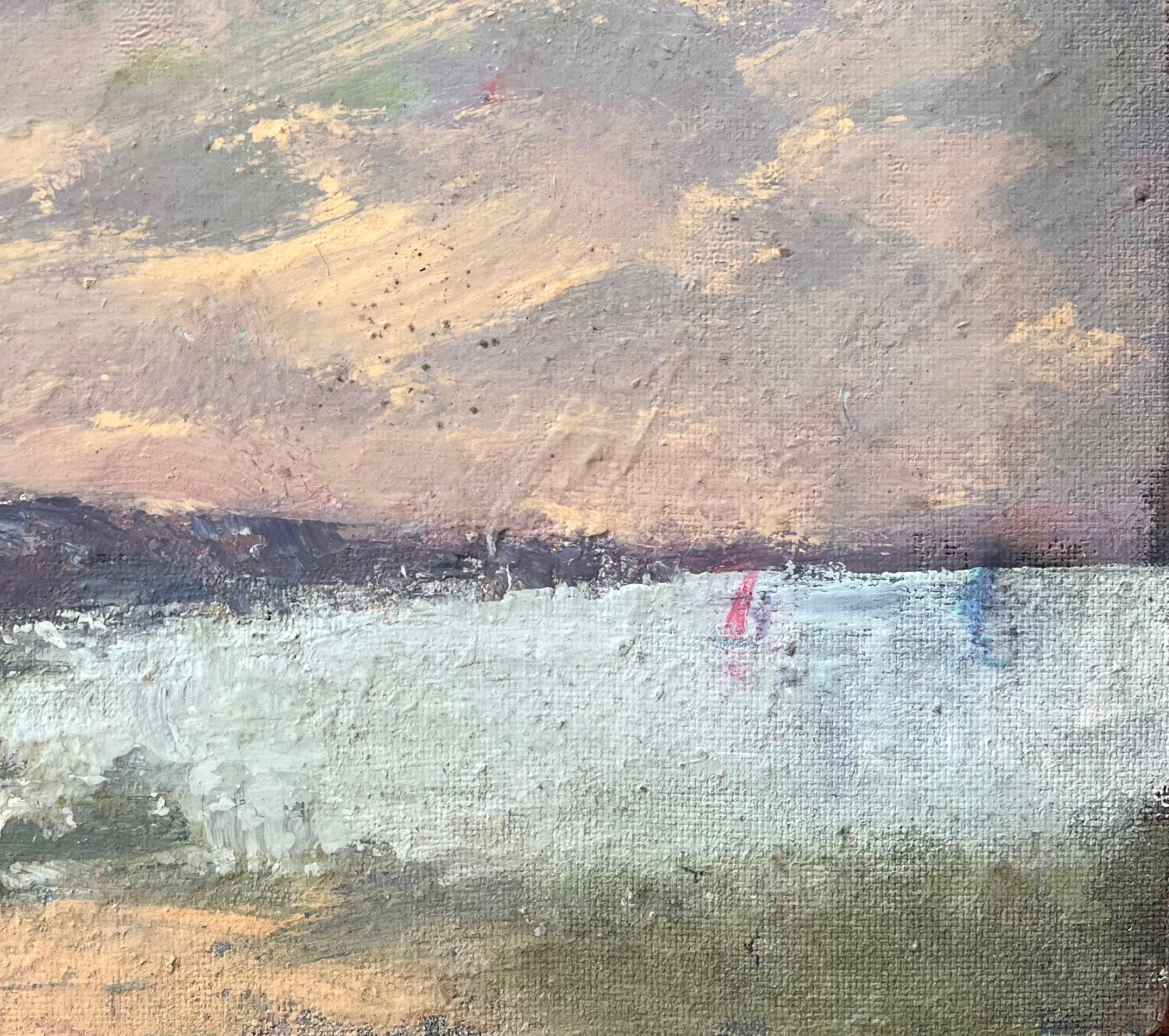 Französische impressionistische Küstenlandschaft des Impressionismus mit Clifftop-Häuschen und Abendhimmel im Angebot 1