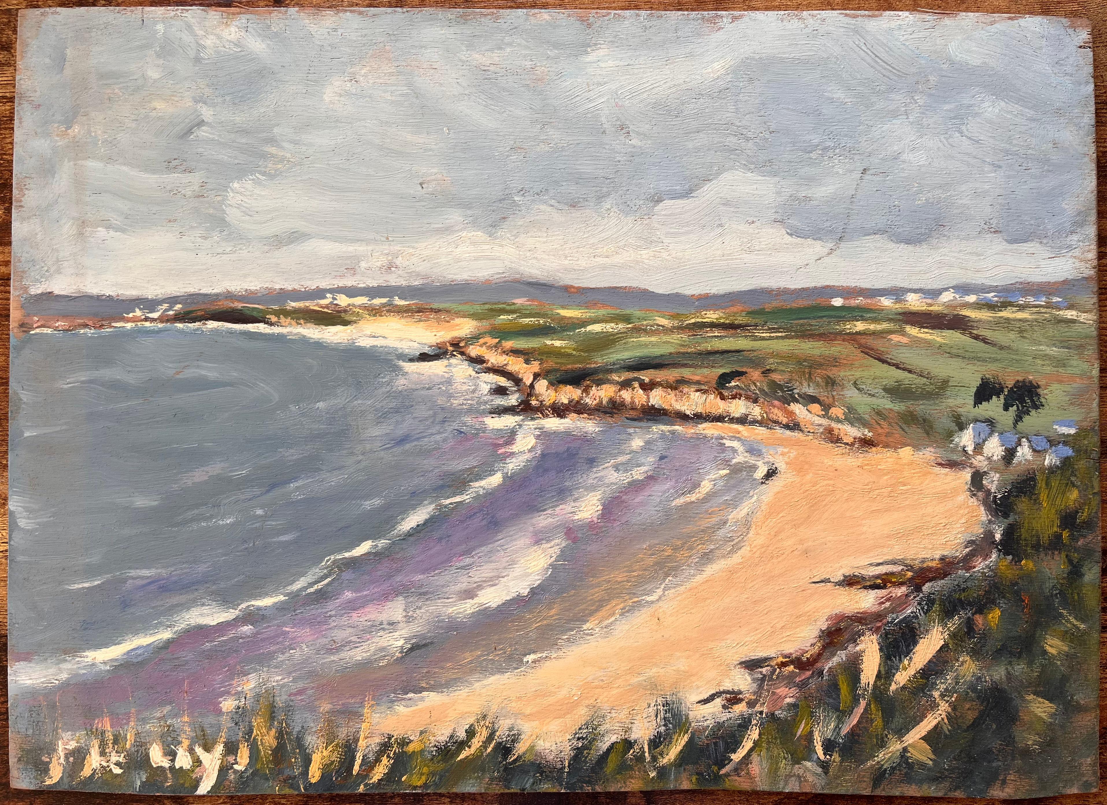 French Impressionist Coastal Landscape with Curving Bay and Rolling Hills - Painting by Fanch Lel