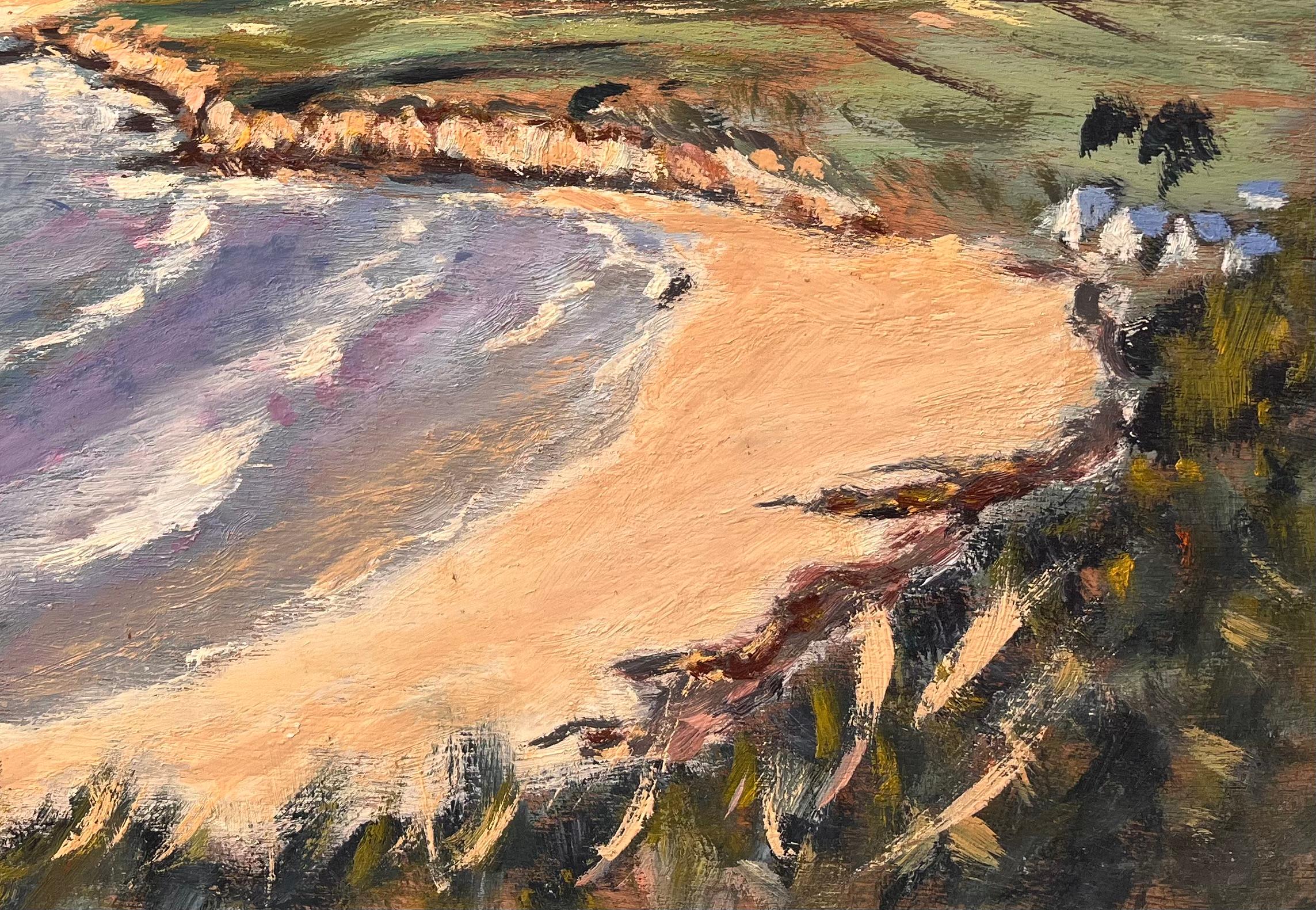 French Impressionist Coastal Landscape with Curving Bay and Rolling Hills - Gray Abstract Painting by Fanch Lel