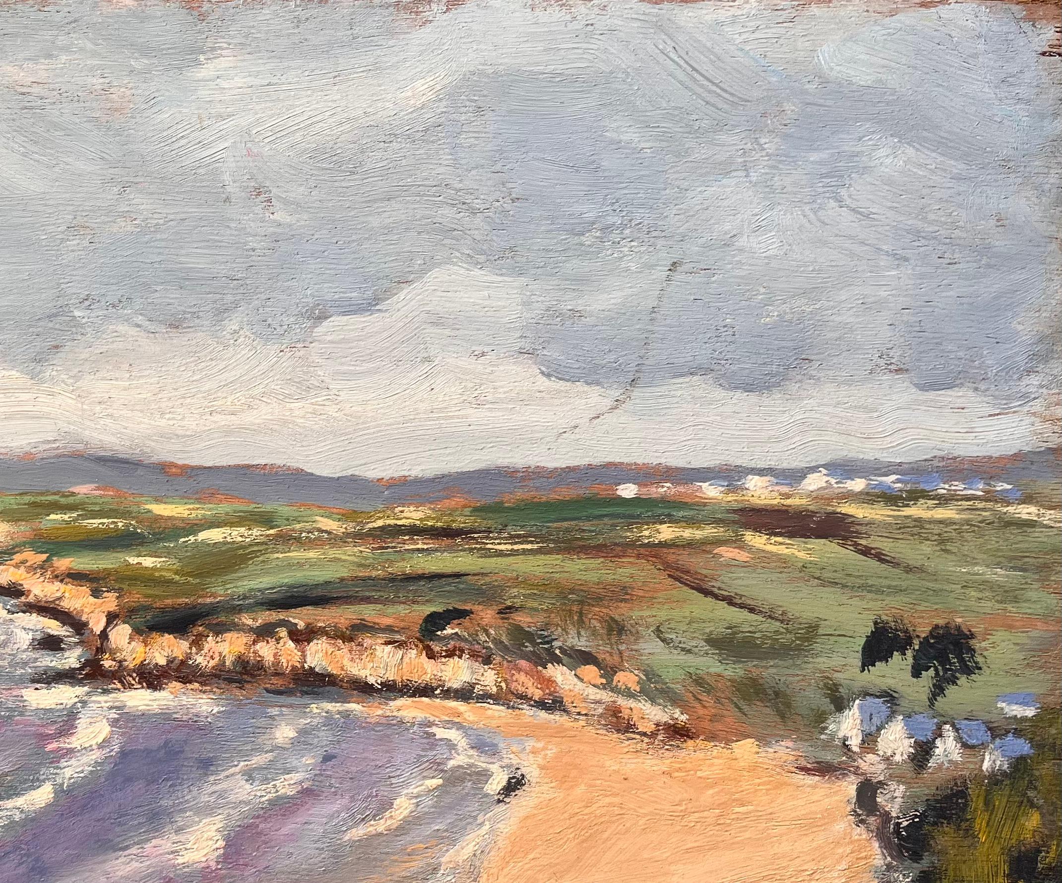 Title: French Impressionist Coastal Landscape with Curving Bay and Rolling Hills
By Fanch Lel
Size: 13 x 18 inches (height x width)
Oil painting on board, unframed
Condition: The painting is in good condition with expressive texture throughout;