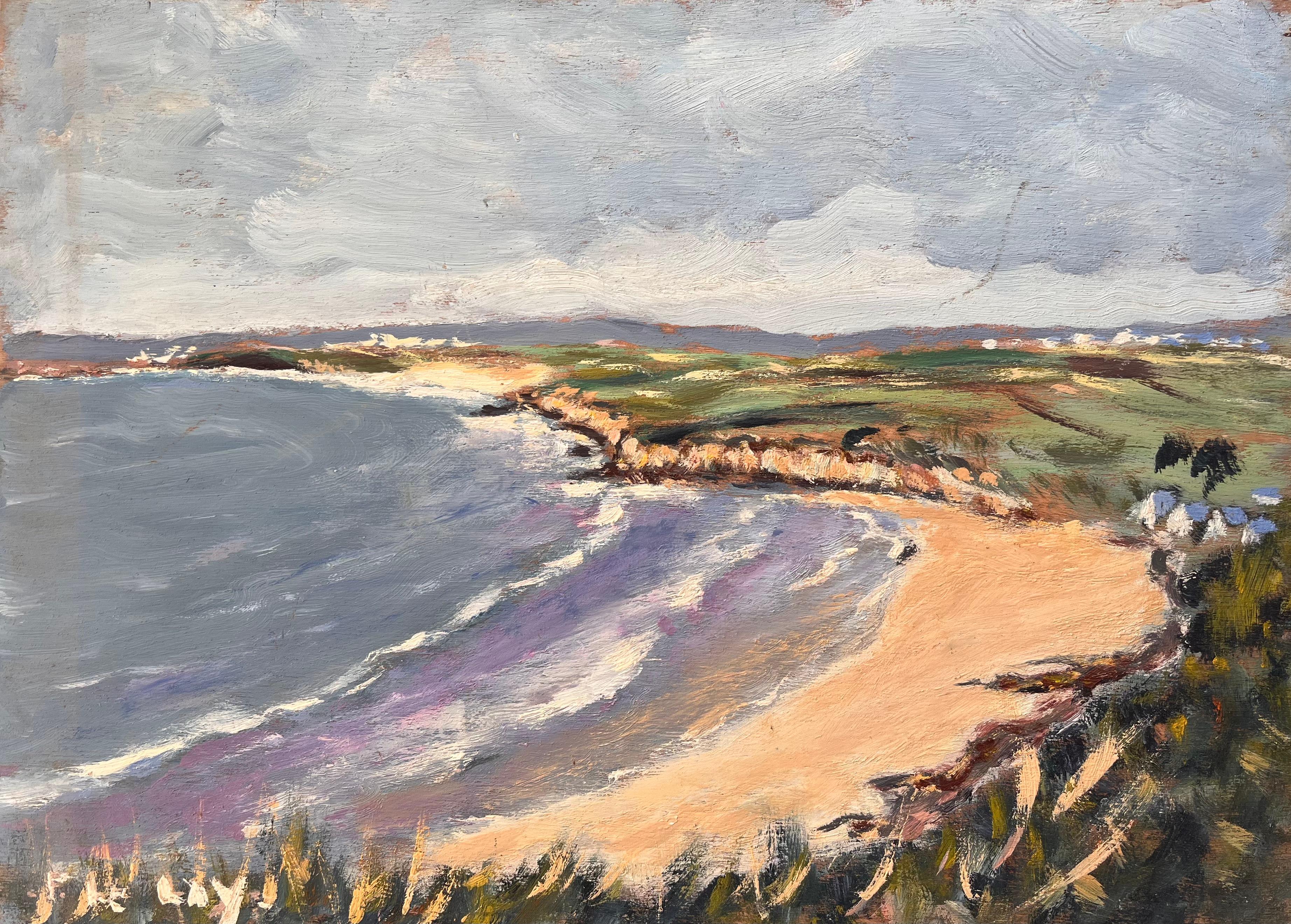 Paysage côtier impressionniste français avec baie incurvée et collines rocheuses