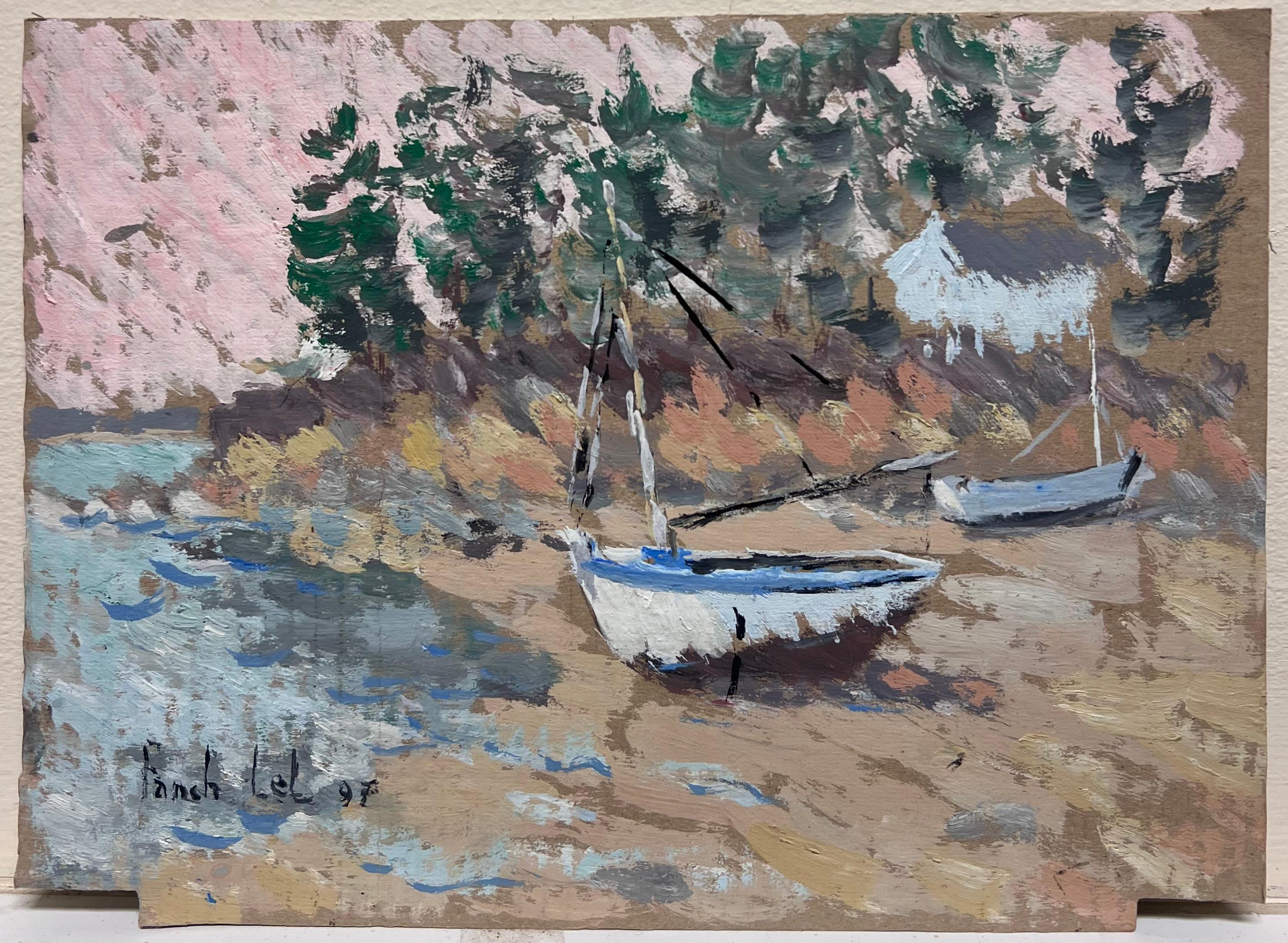 Scena costiera impressionista francese Barche a vela spiaggiate che riposano su una spiaggia sabbiosa - Painting di Fanch Lel