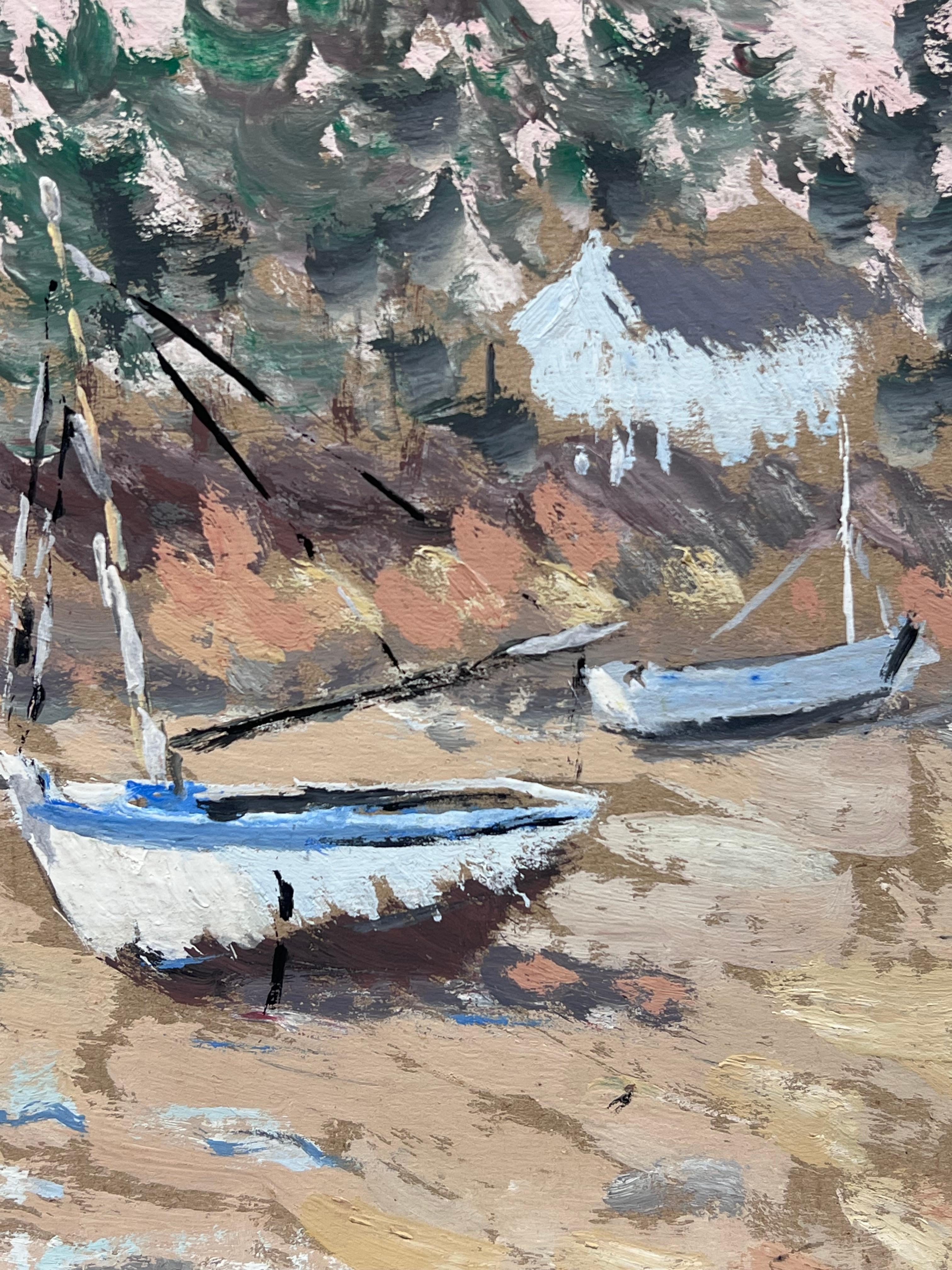Scena costiera impressionista francese Barche a vela spiaggiate che riposano su una spiaggia sabbiosa - Painting Impressionismo di Fanch Lel