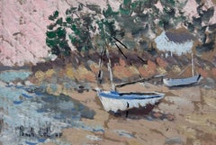 French Impressionist Coastal Scene Beached Sailboats Resting on a Sandy Shore