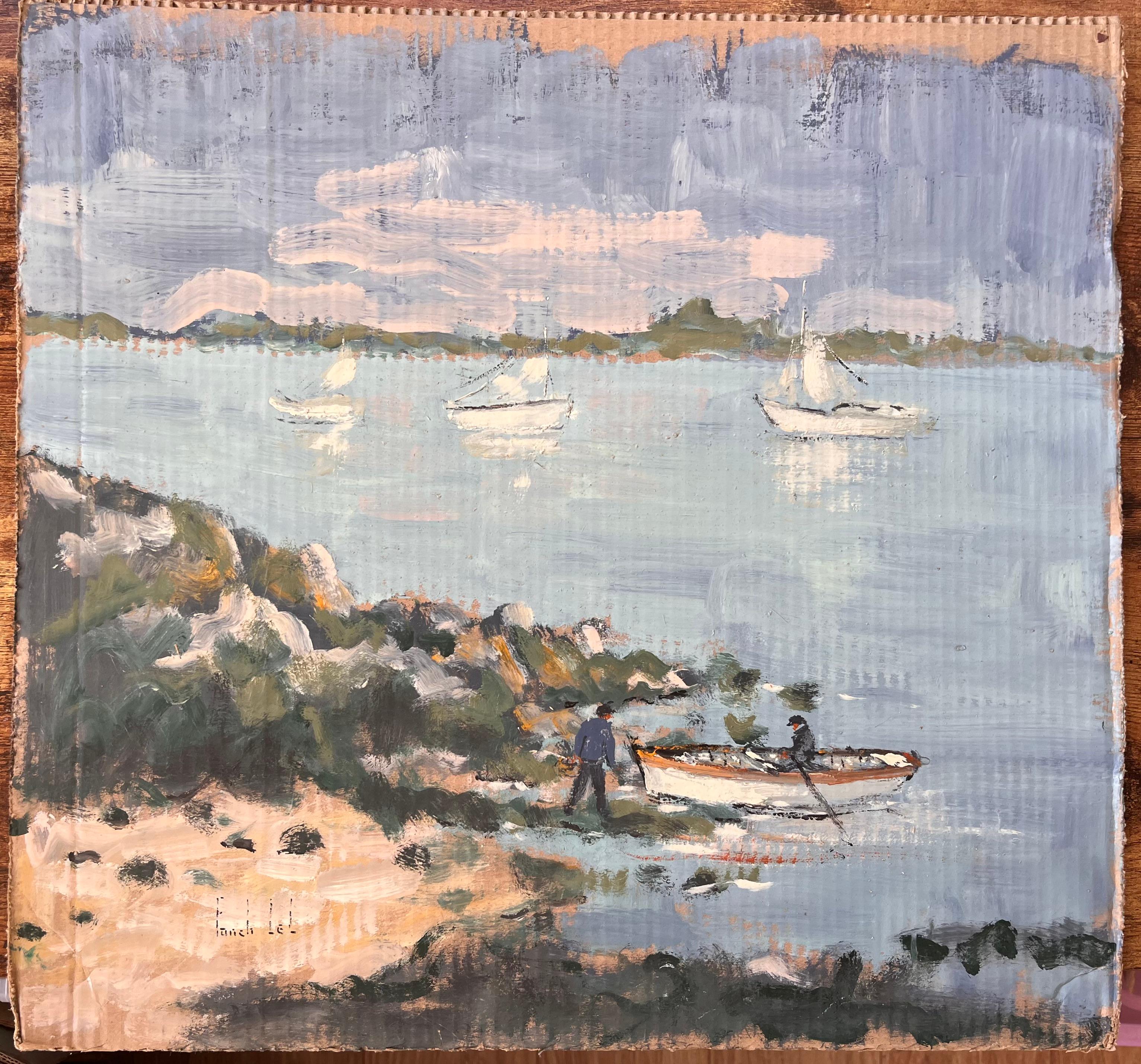 Französischer Impressionismus Küstenlandschaft mit Fischern und Booten in der Bretagne – Painting von Fanch Lel