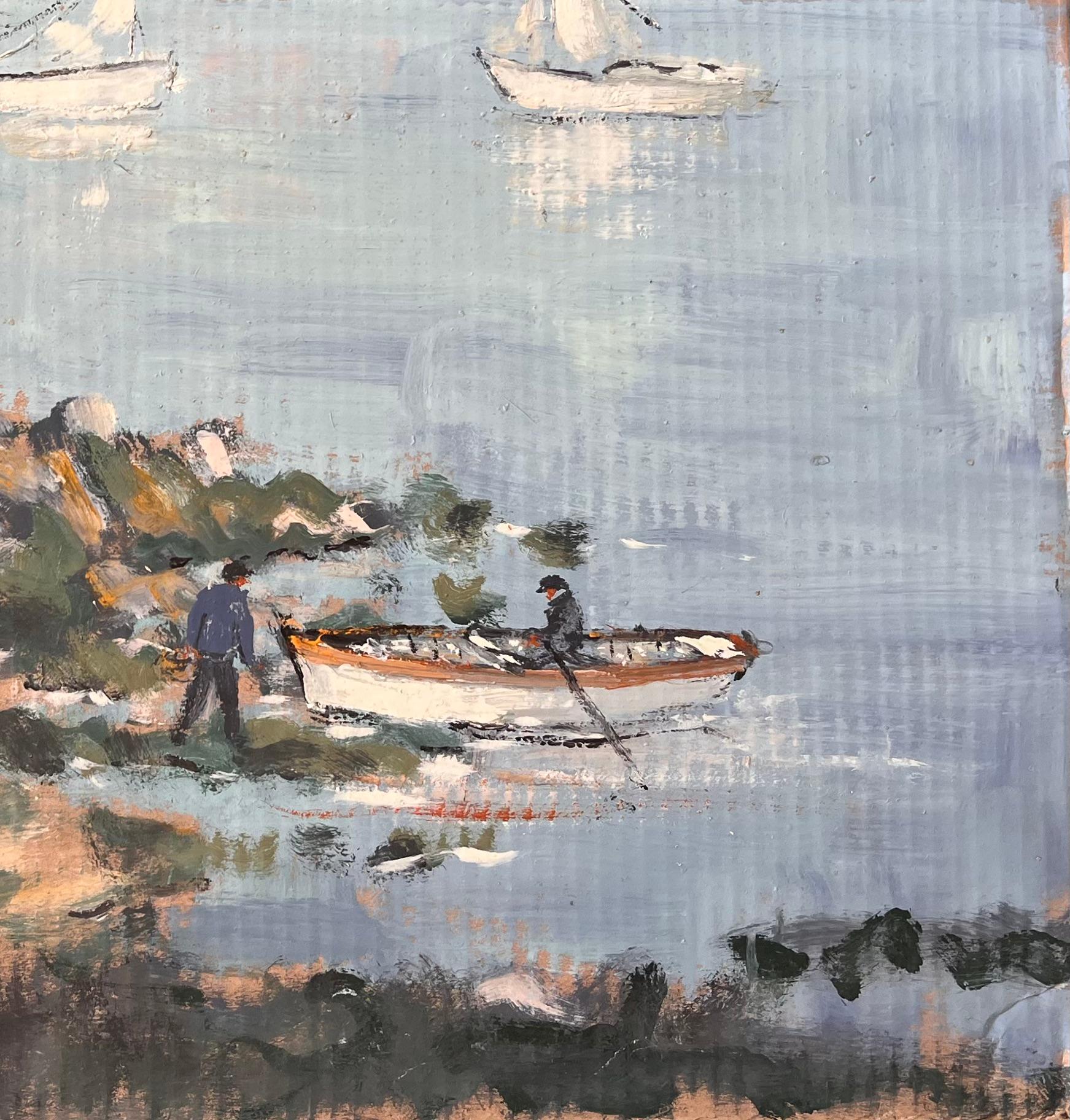 Französischer Impressionismus Küstenlandschaft mit Fischern und Booten in der Bretagne (Grau), Abstract Painting, von Fanch Lel