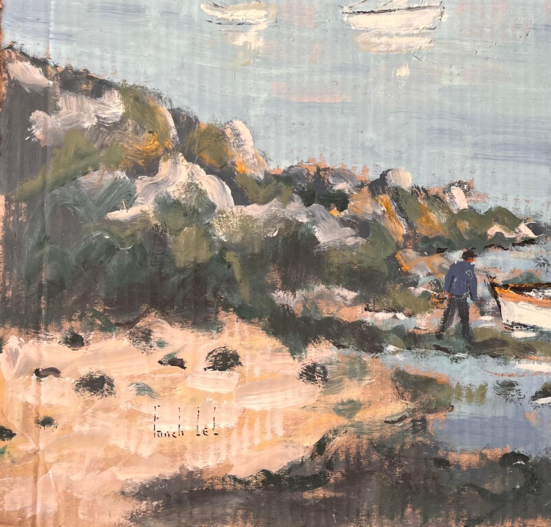 Titel: Französischer Impressionismus Küstenlandschaft mit Fischern und Booten in der Bretagne
Von Fanch Les
Unterschrieben: Ja
Größe: 19,25 x 20,5 Zoll (Höhe x Breite)
Ölgemälde auf Karton, ungerahmt
Zustand: Das Gemälde ist in gutem Zustand mit