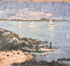 French Impressionist Coastal Scene of Fishermen and Boats in Brittany