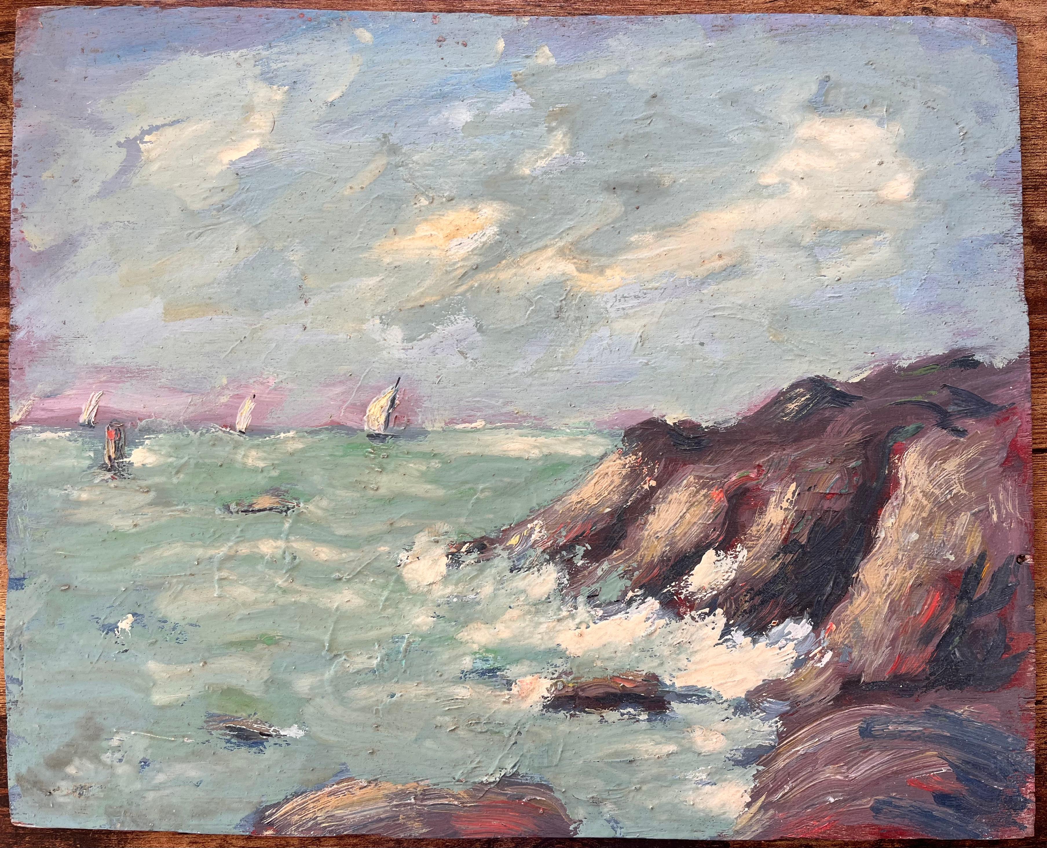 Französischer Impressionismus Küstenszene mit krachenden Wellen und Segelbooten – Painting von Fanch Lel