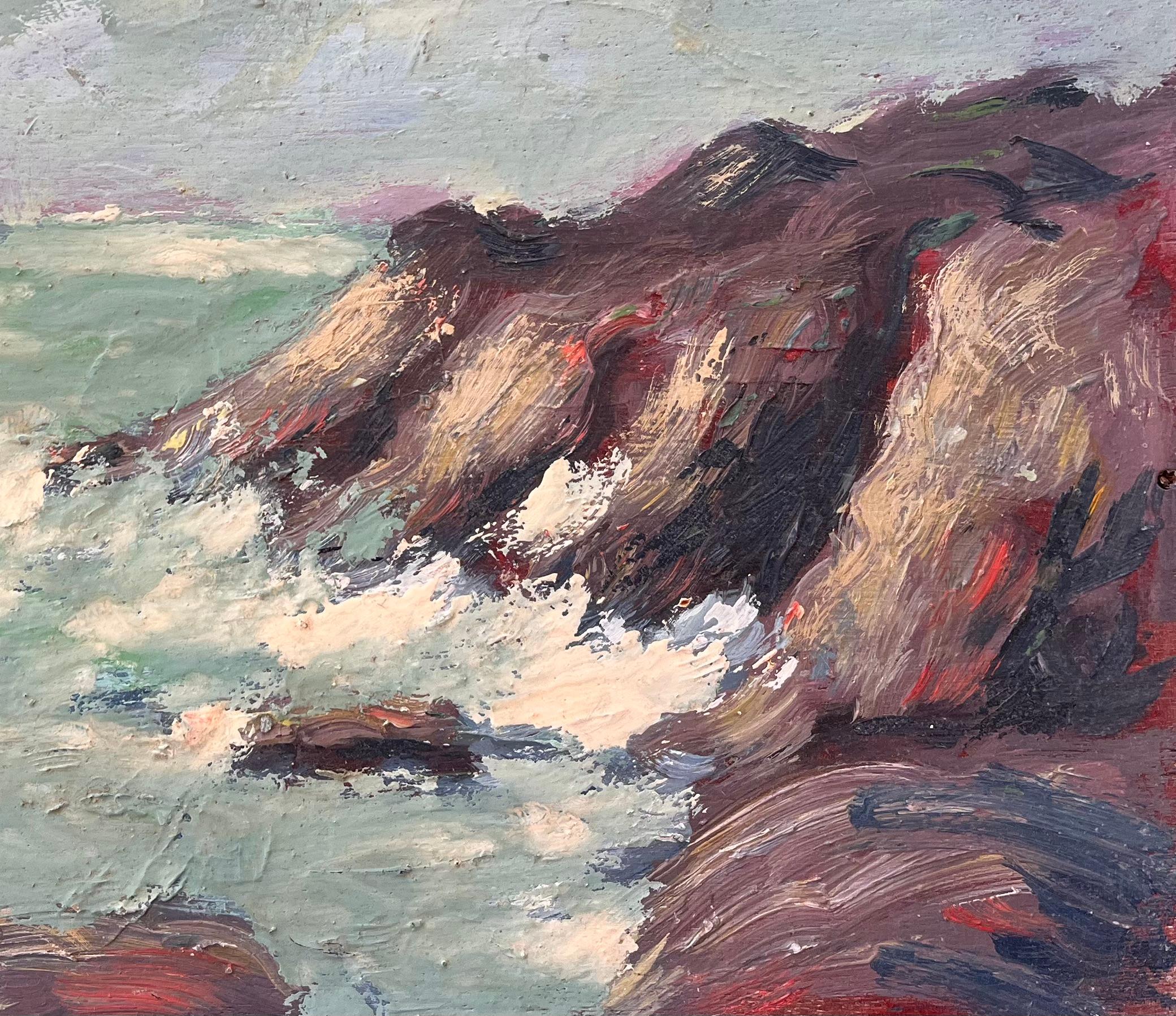 Titel:  Französischer Impressionismus Küstenszene mit krachenden Wellen und Segelbooten
Von Fanch Lel
Größe: 13 x 16,25 Zoll (Höhe x Breite)
Ölgemälde auf Karton, ungerahmt
Zustand: Das Gemälde ist in gutem Zustand mit ausdrucksstarker Textur;