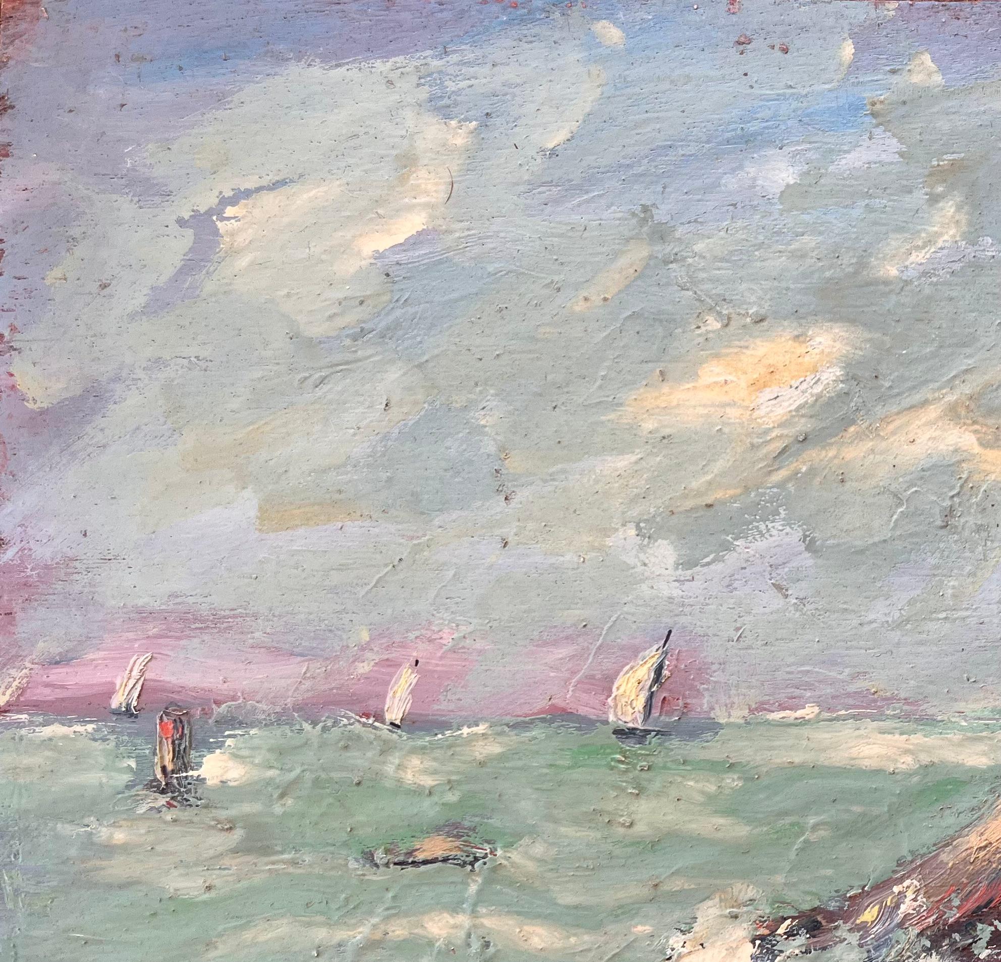 Französischer Impressionismus Küstenszene mit krachenden Wellen und Segelbooten im Angebot 2