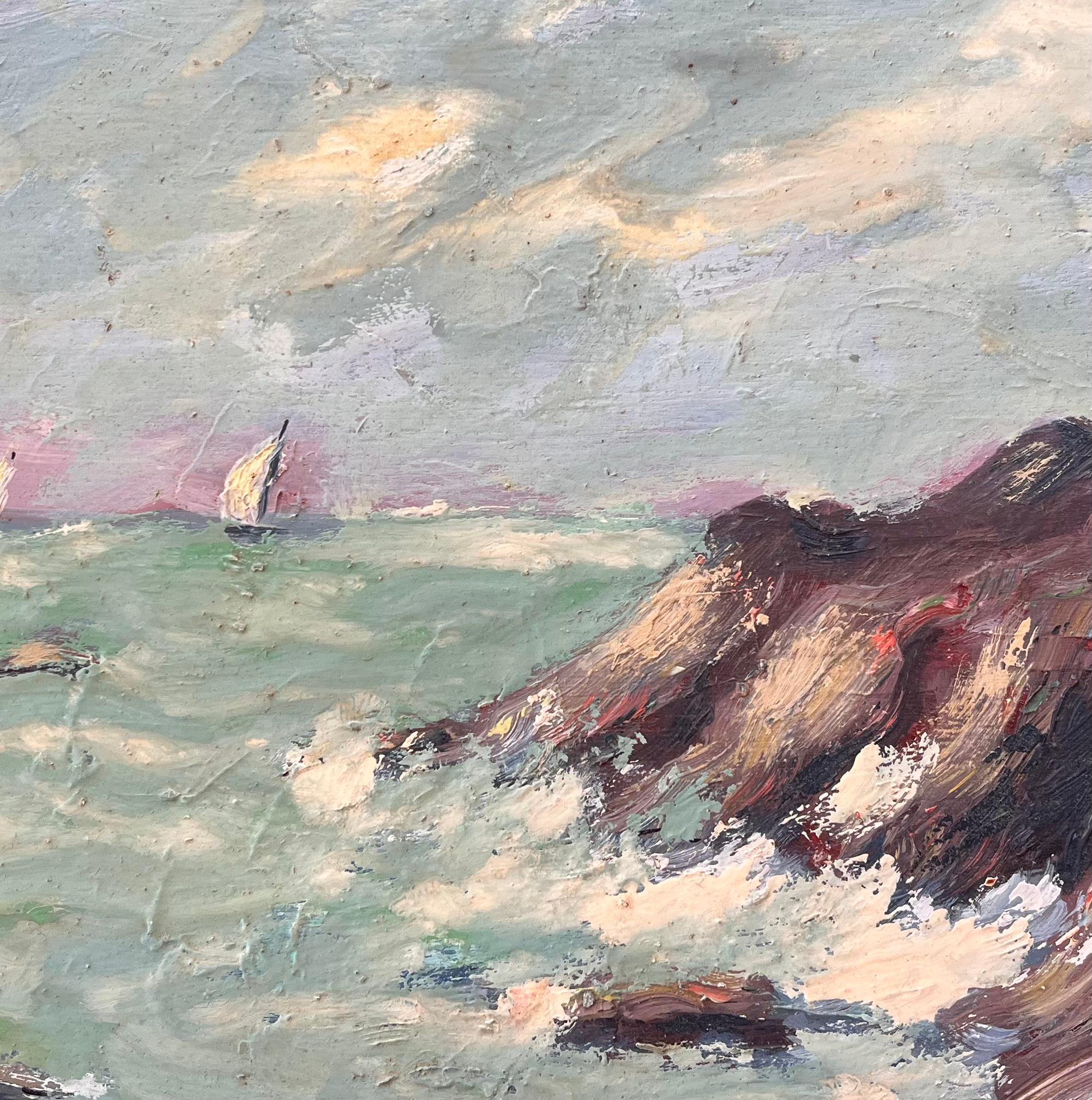 Französischer Impressionismus Küstenszene mit krachenden Wellen und Segelbooten im Angebot 3
