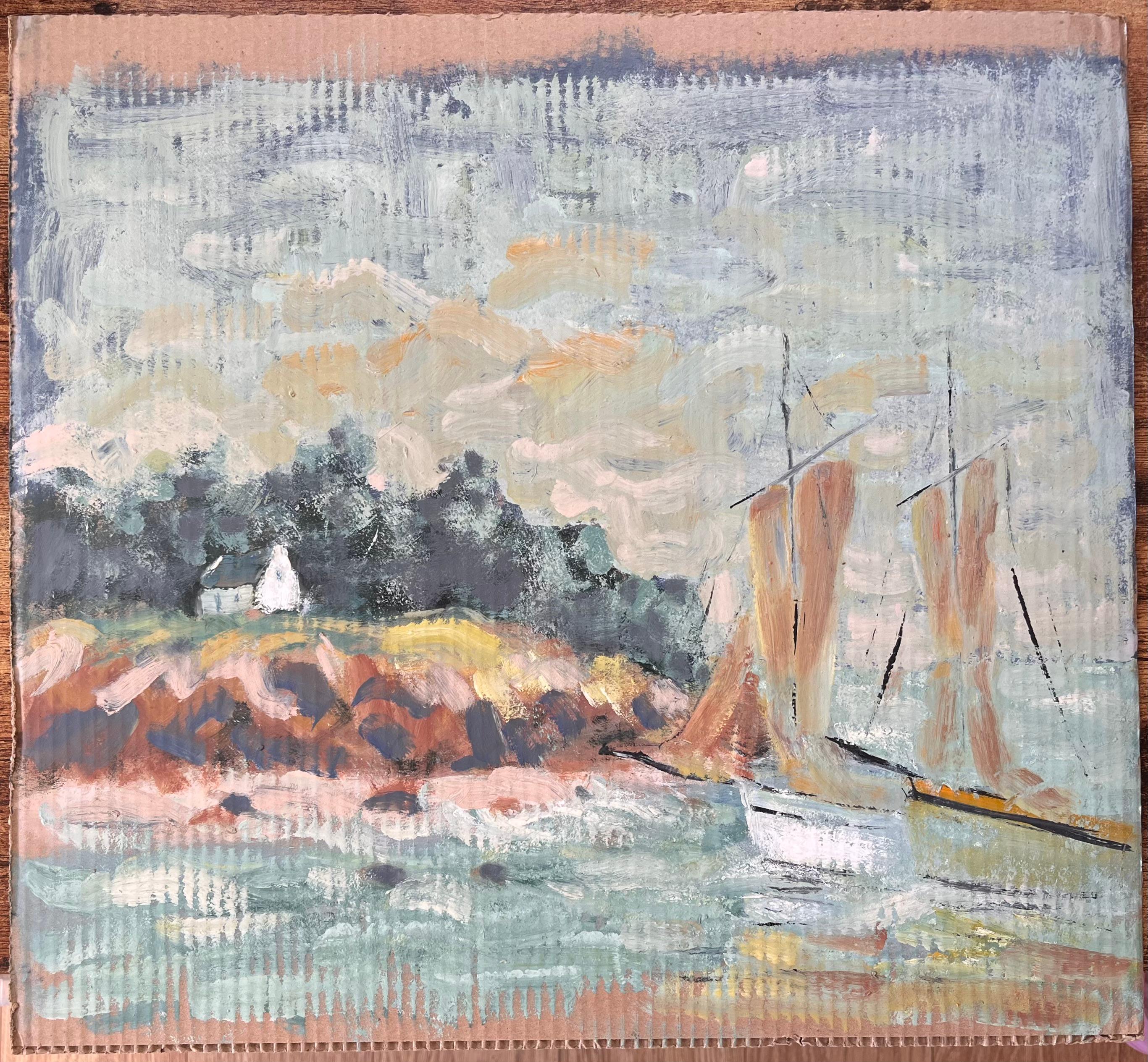 Französische impressionistische Küstenszene des Impressionismus mit Segelboot und Cliffside-Häuschen – Painting von Fanch Lel