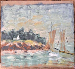 French Impressionist Coastal Scene with Sailboat and Cliffside Cottage