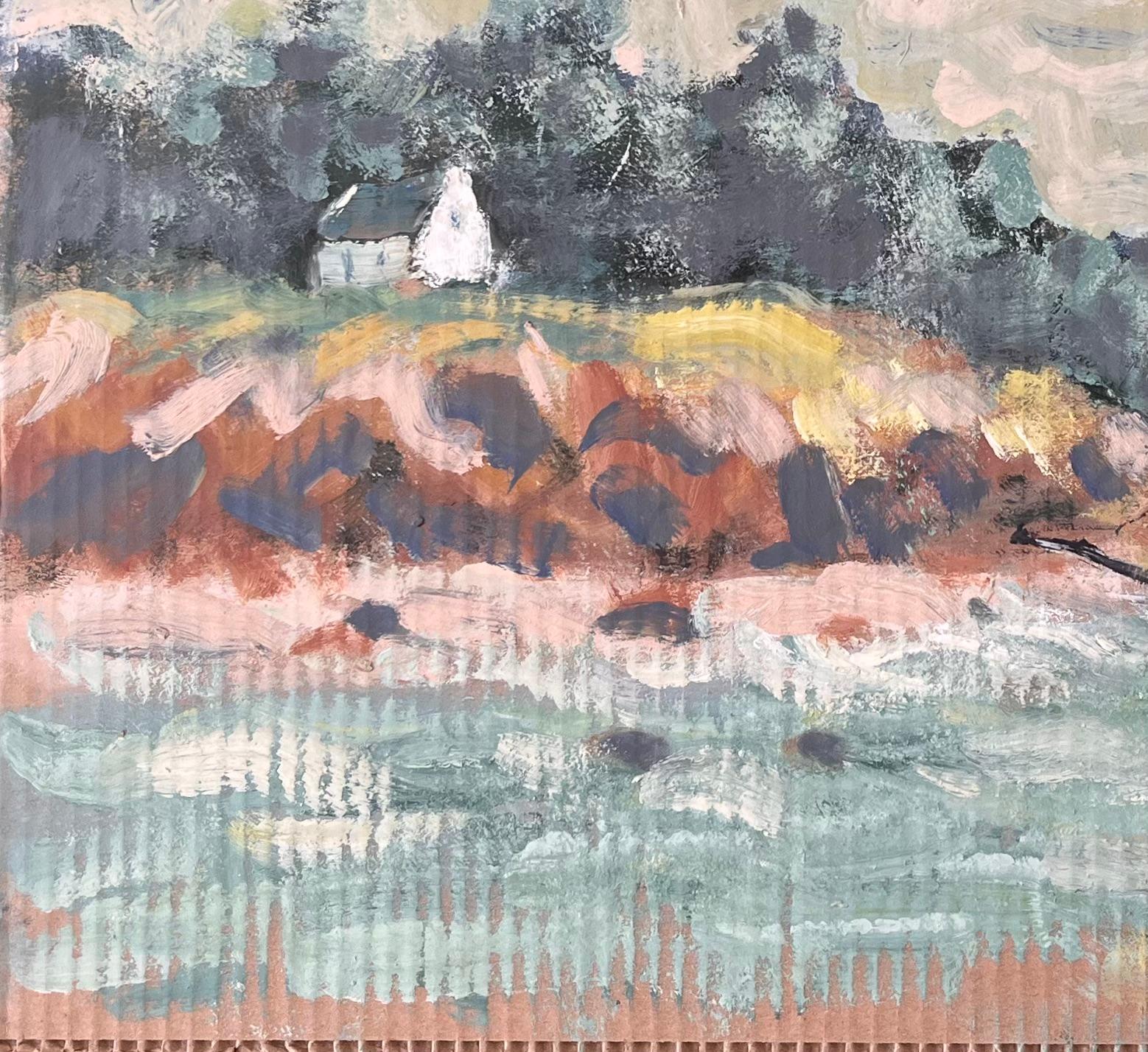 Französische impressionistische Küstenszene des Impressionismus mit Segelboot und Cliffside-Häuschen (Grau), Landscape Painting, von Fanch Lel
