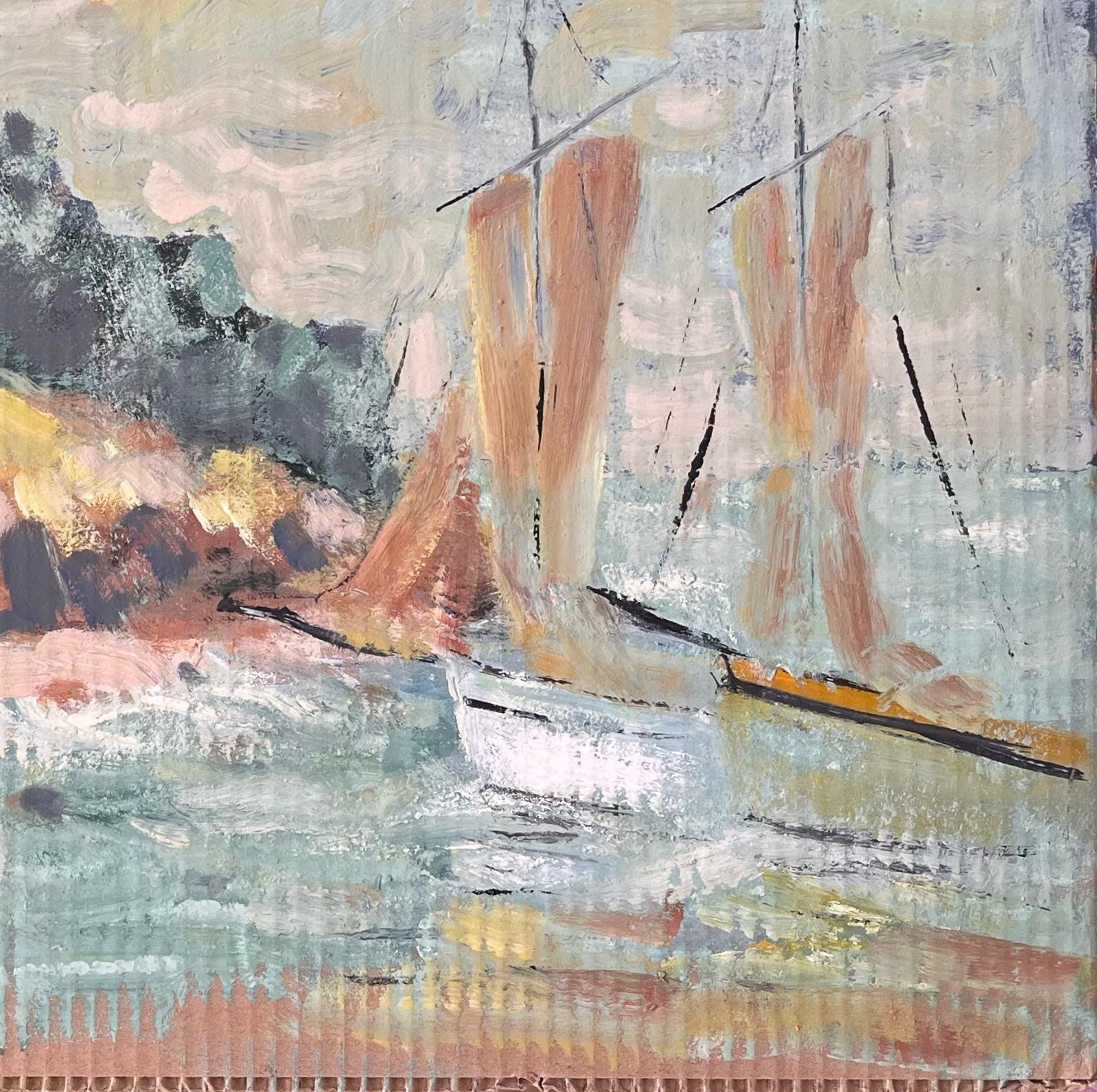 Titel: Französischer Impressionismus Küstenlandschaft mit Segelboot und Klippenhäuschen 
Von Fanch Lel
Größe: 19 x 20,5 Zoll (Höhe x Breite)
Ölgemälde auf Karton, ungerahmt
Zustand: Insgesamt guter Zustand mit leichten Gebrauchsspuren an der