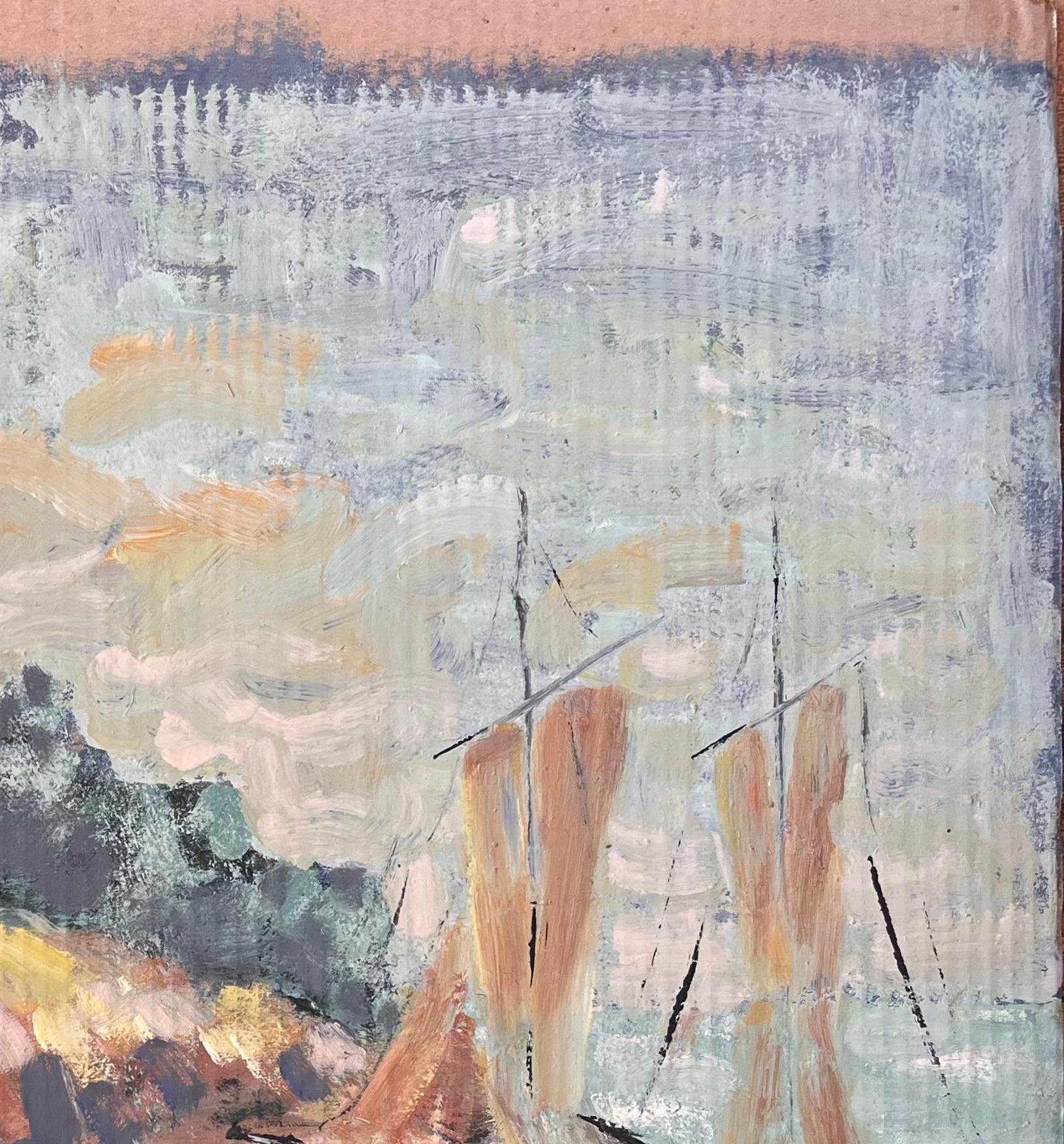 Französische impressionistische Küstenszene des Impressionismus mit Segelboot und Cliffside-Häuschen im Angebot 2