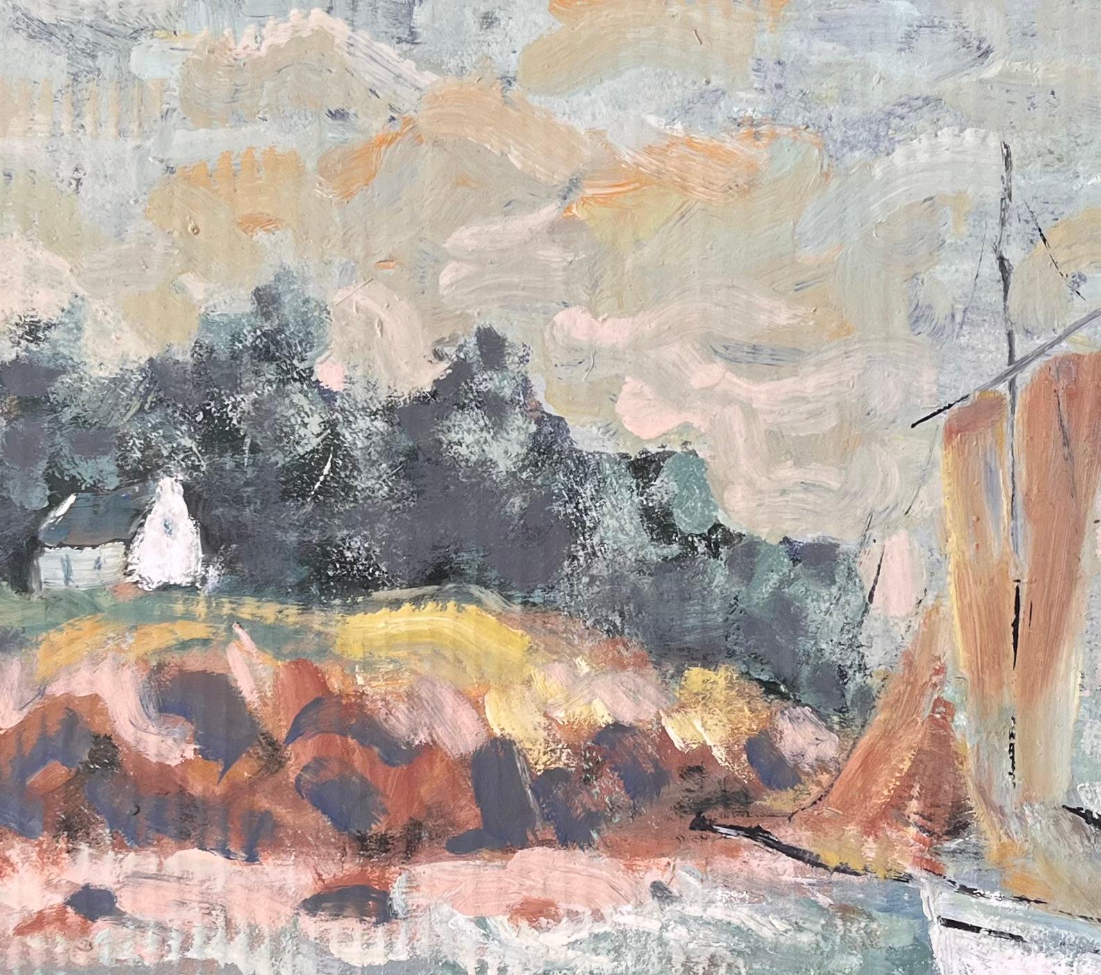 Französische impressionistische Küstenszene des Impressionismus mit Segelboot und Cliffside-Häuschen im Angebot 3