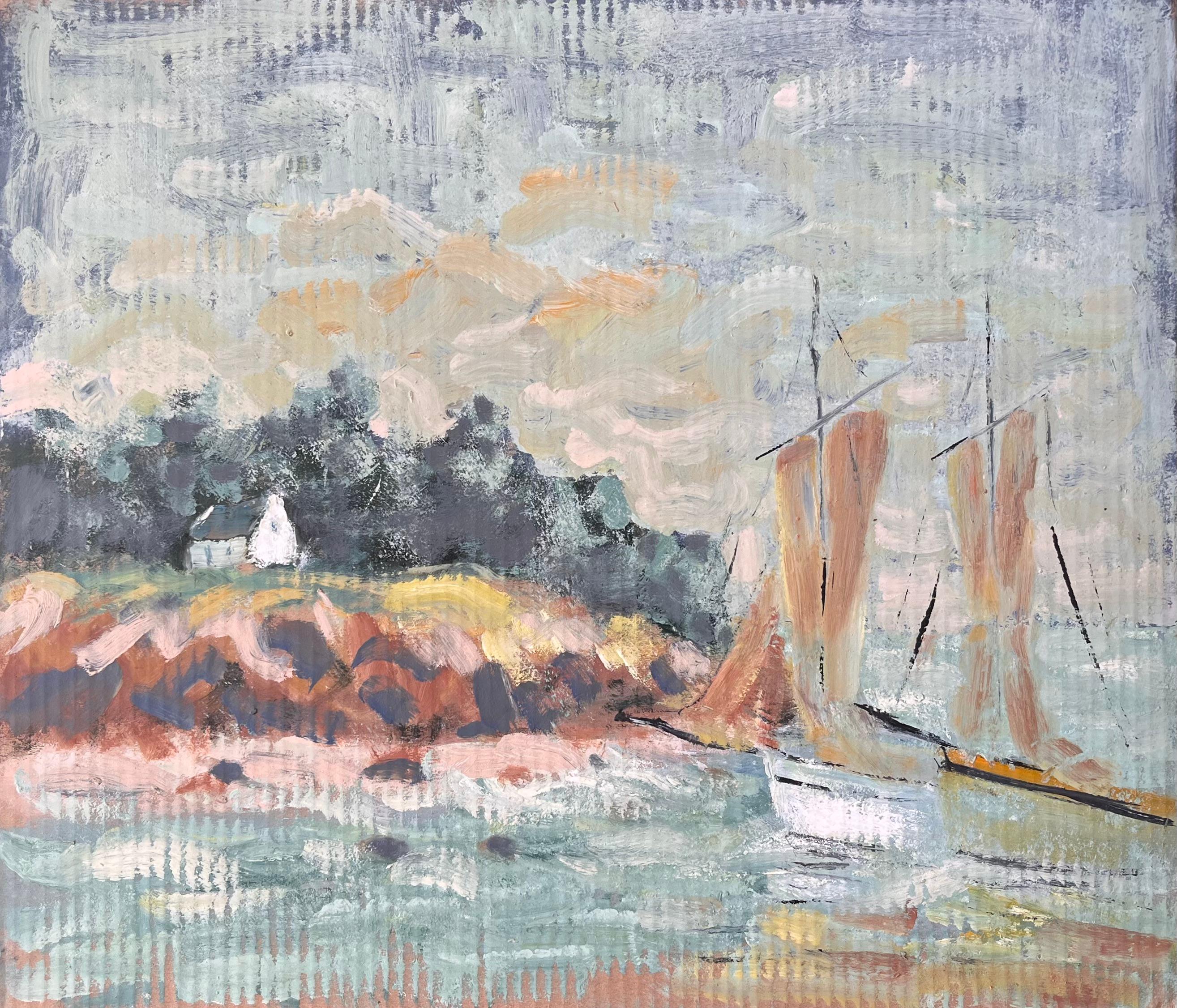 Französische impressionistische Küstenszene des Impressionismus mit Segelboot und Cliffside-Häuschen