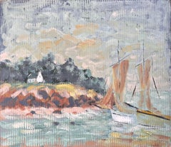 French Impressionist Coastal Scene with Sailboat and Cliffside Cottage