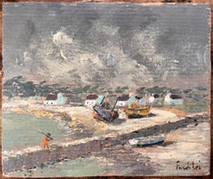 French Impressionist Coastal Village Scene with Boats and Stormy Sky
