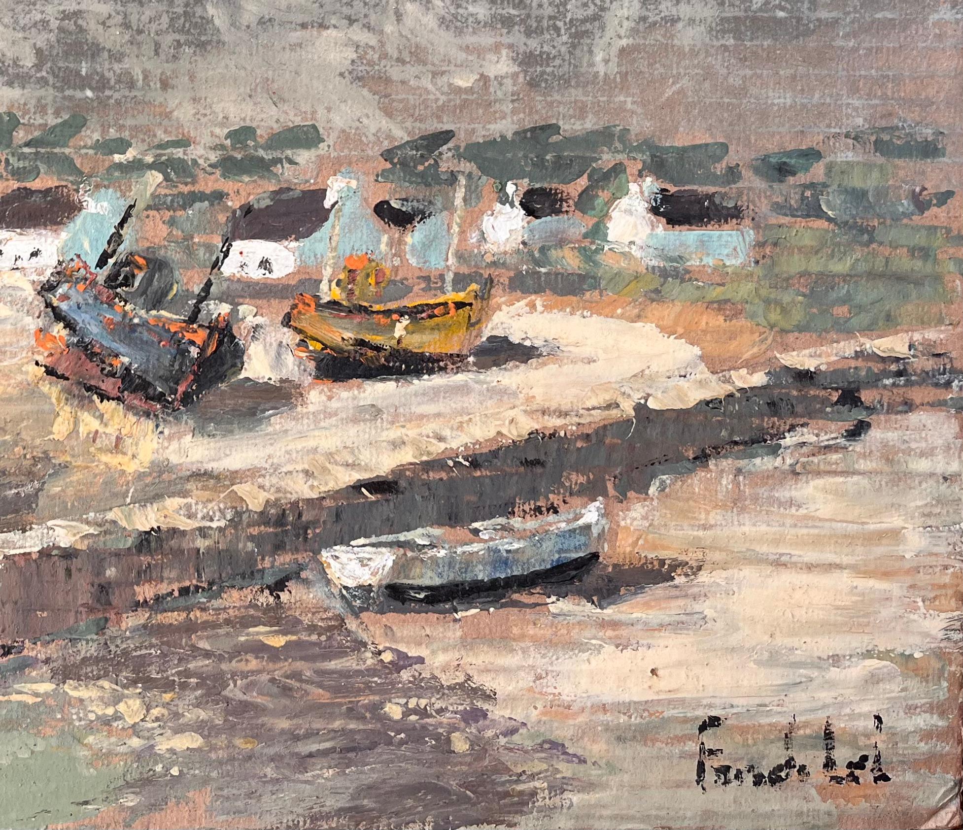 Französische impressionistische Küstendorf-Szene mit Booten und stürmischem Himmel, französisch (Impressionismus), Painting, von Fanch Lel