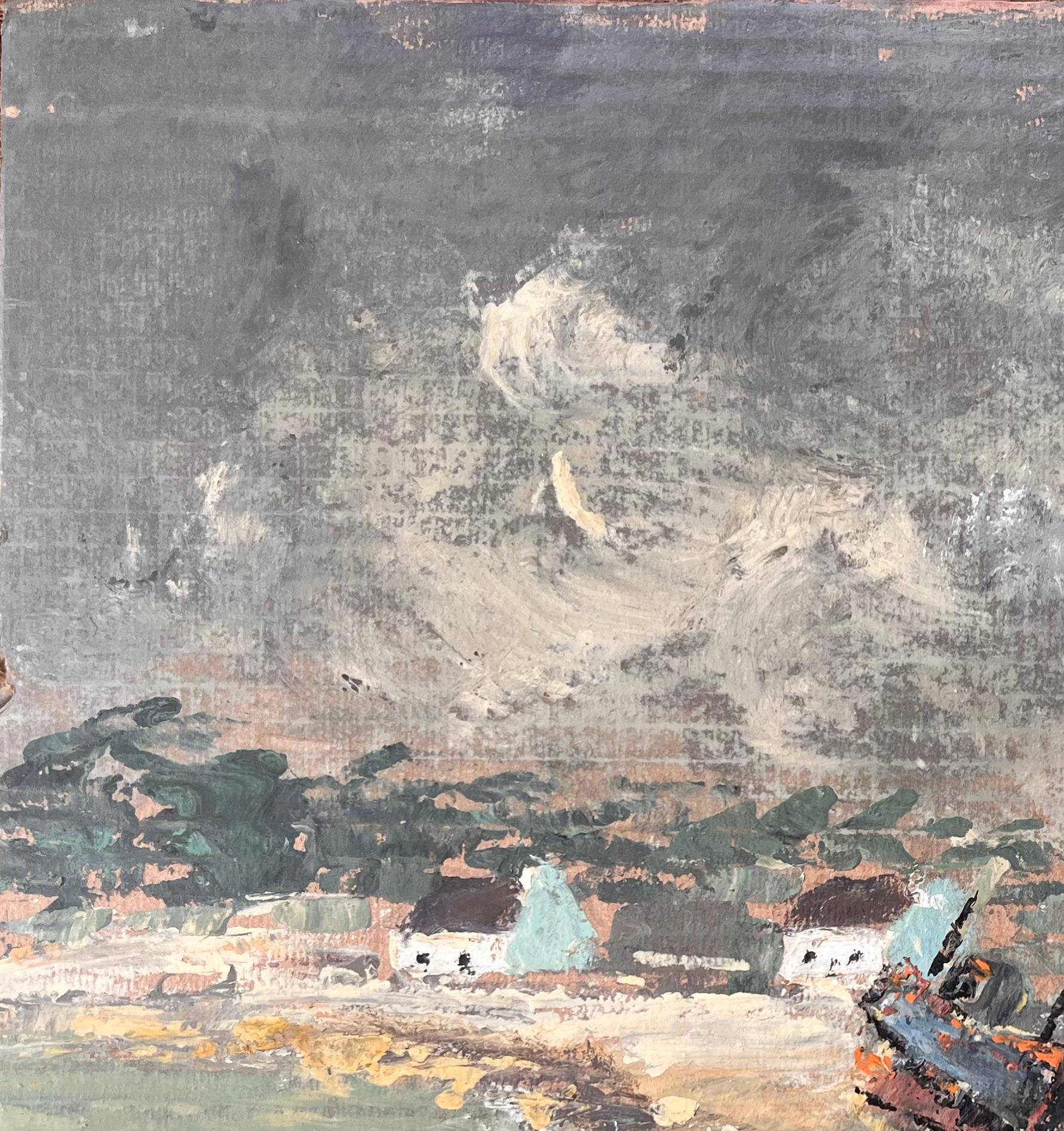 Französische impressionistische Küstendorf-Szene mit Booten und stürmischem Himmel, französisch im Angebot 1