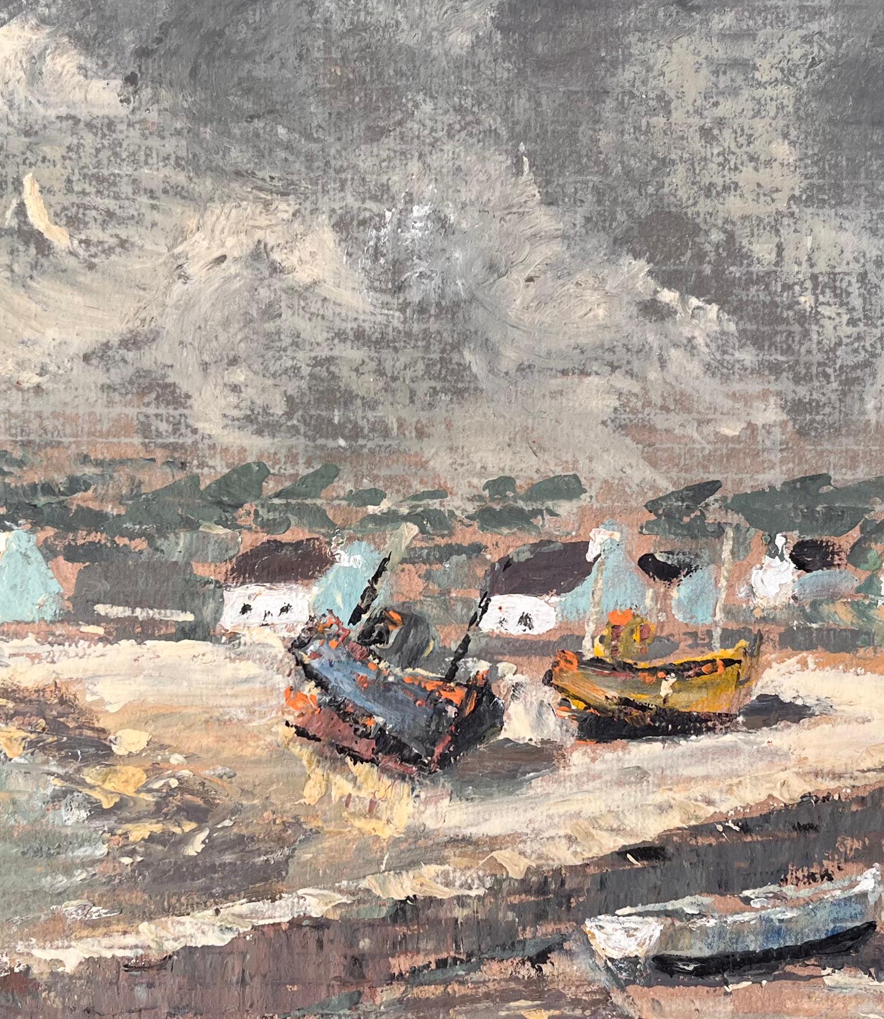 Französische impressionistische Küstendorf-Szene mit Booten und stürmischem Himmel, französisch im Angebot 2