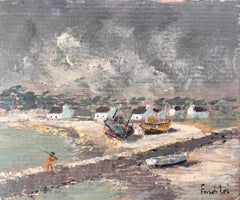 French Impressionist Coastal Village Scene with Boats and Stormy Sky