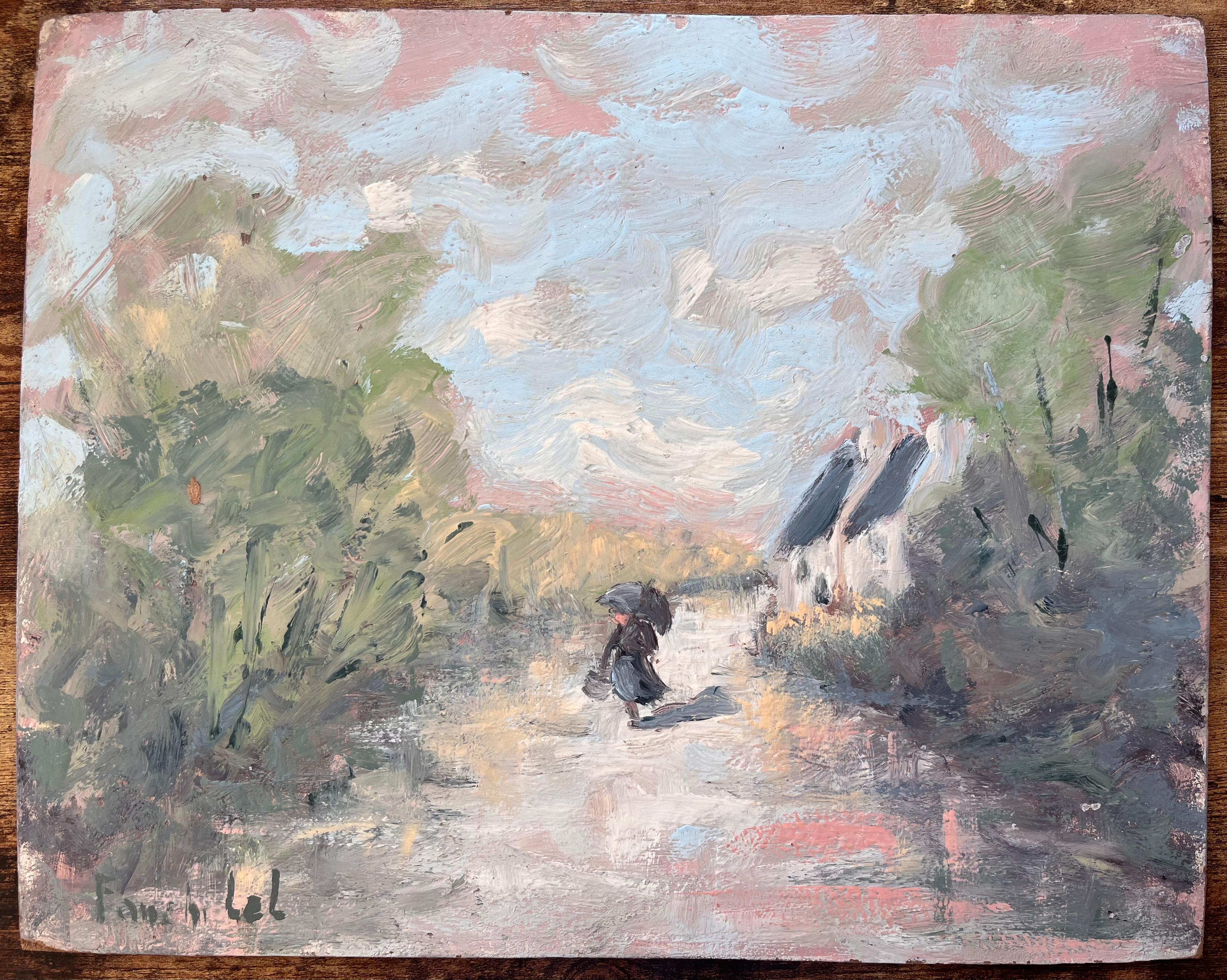 Promenade champêtre impressionniste française avec personnage tenant un Umbrella - Painting de Fanch Lel