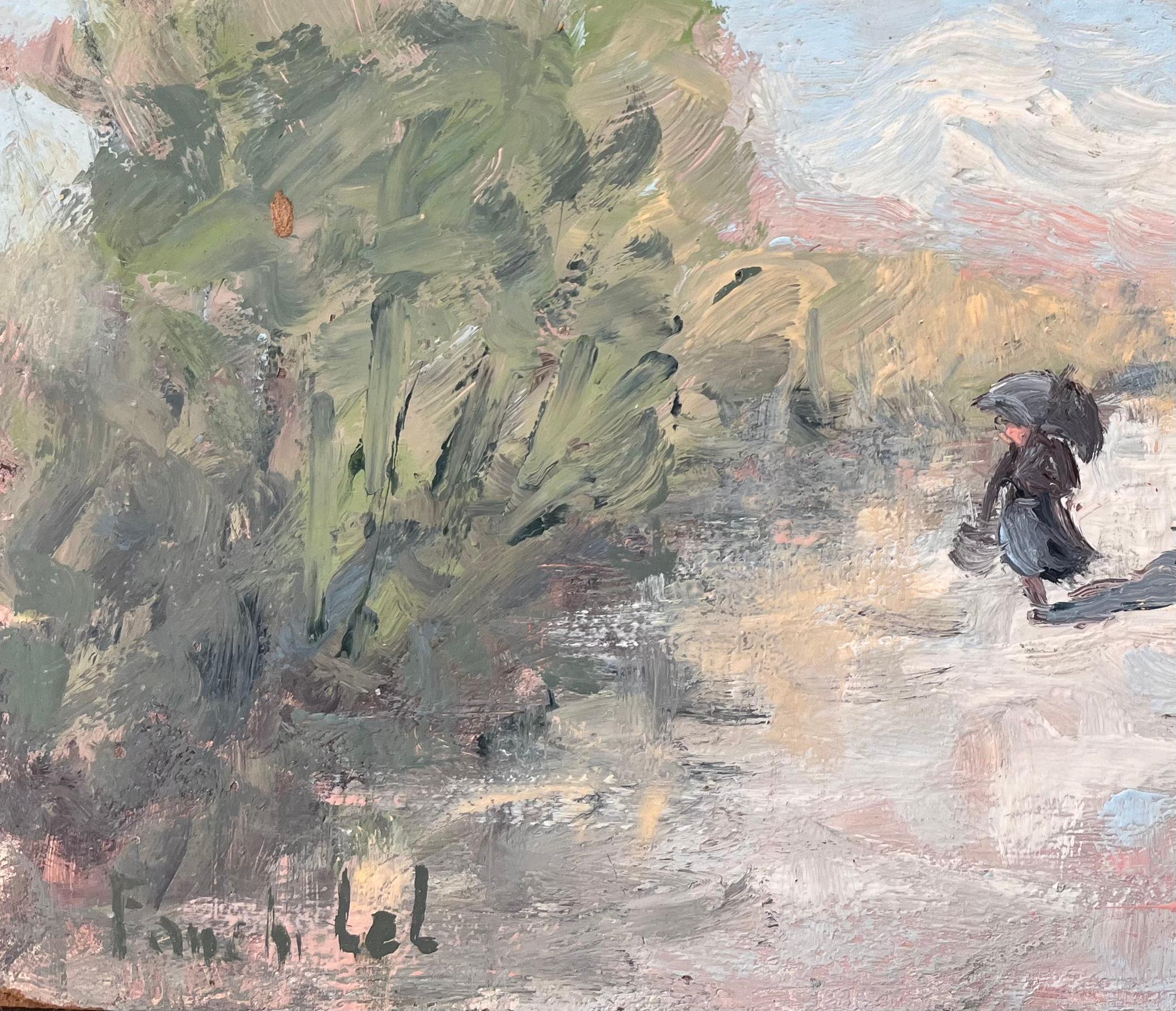 Promenade champêtre impressionniste française avec personnage tenant un Umbrella - Impressionnisme Painting par Fanch Lel