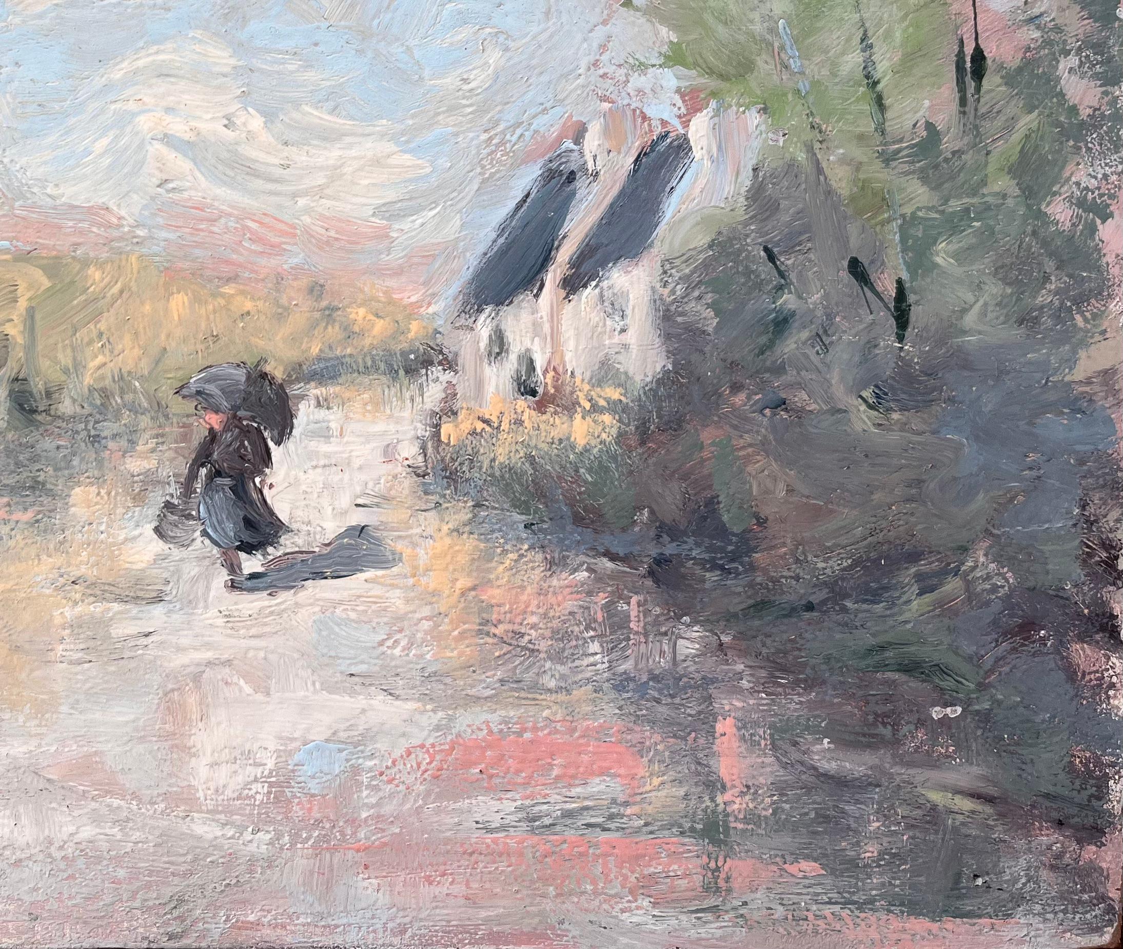 Promenade champêtre impressionniste française avec personnage tenant un Umbrella - Gris Landscape Painting par Fanch Lel