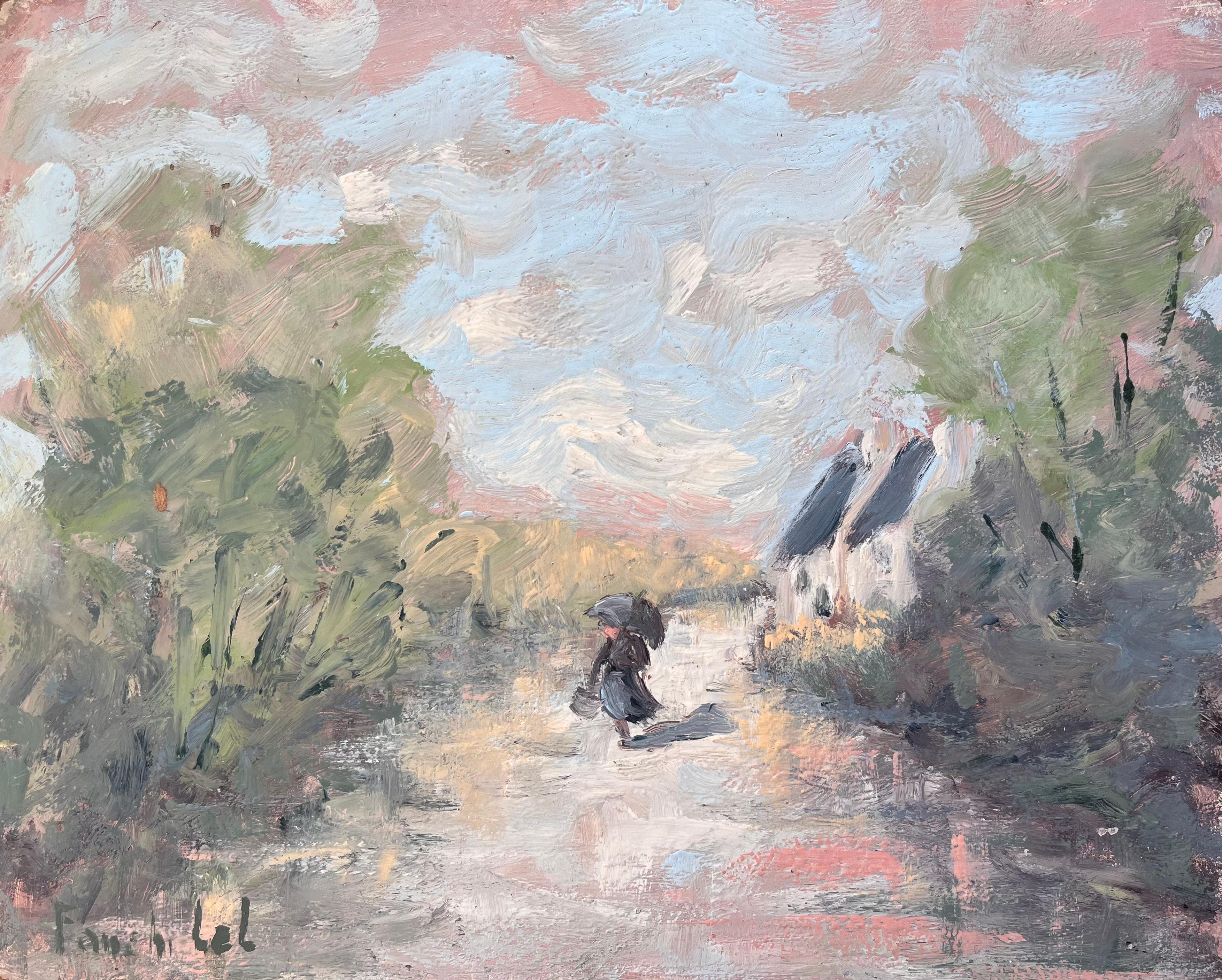 Französischer Impressionist Spaziergang auf dem Lande mit Figur, die einen Umbrella hält
