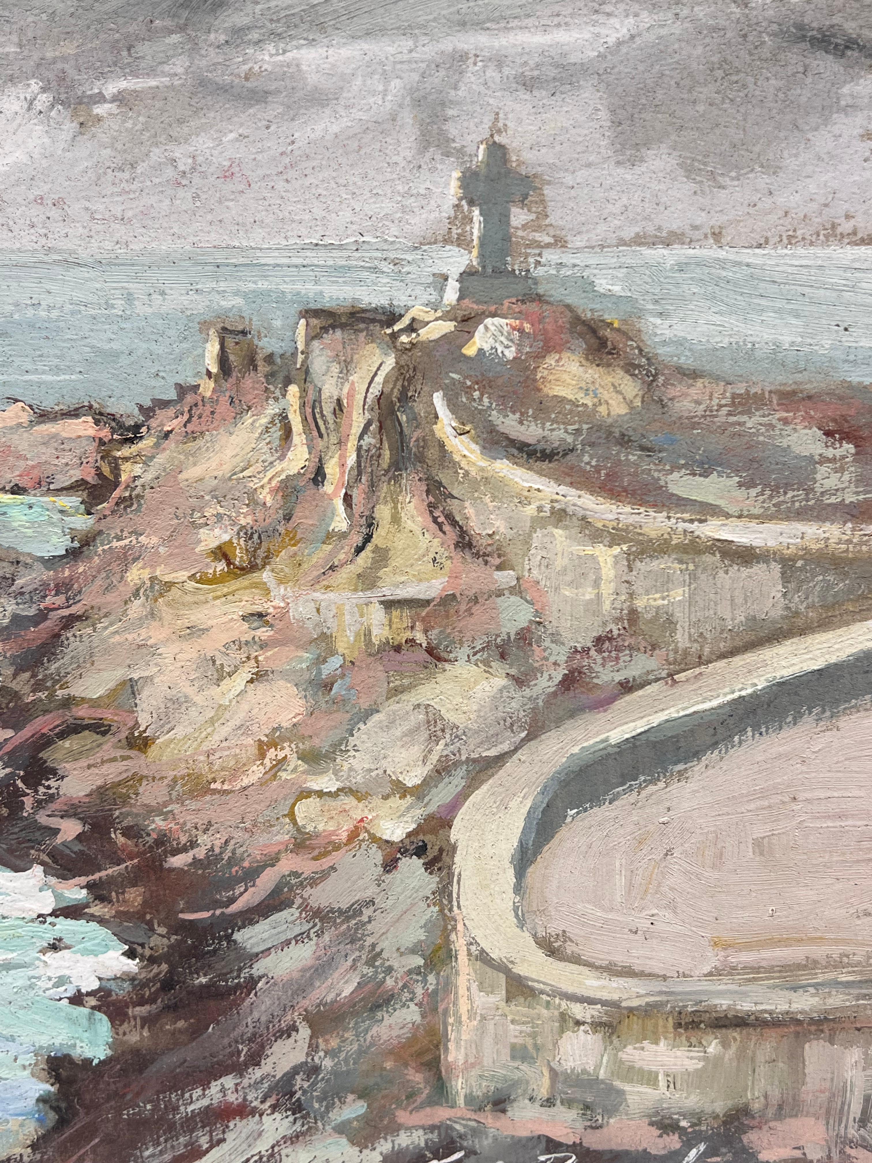 Impresionista francés Cruz sobre acantilado Vista de un paisaje de veleros - Landscape Painting Gris de Fanch Lel